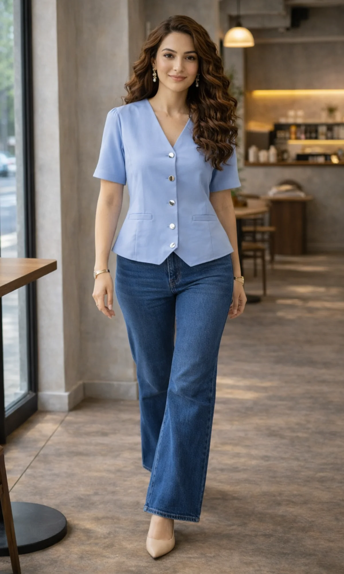 Light Blue Sleeved Metallic Buttoned Waist Coat - Image 5