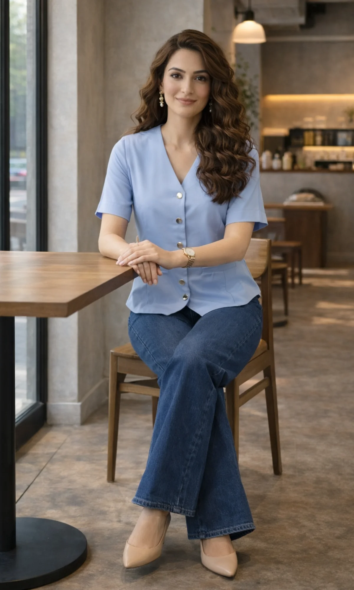 Light Blue Sleeved Metallic Buttoned Waist Coat - Image 6