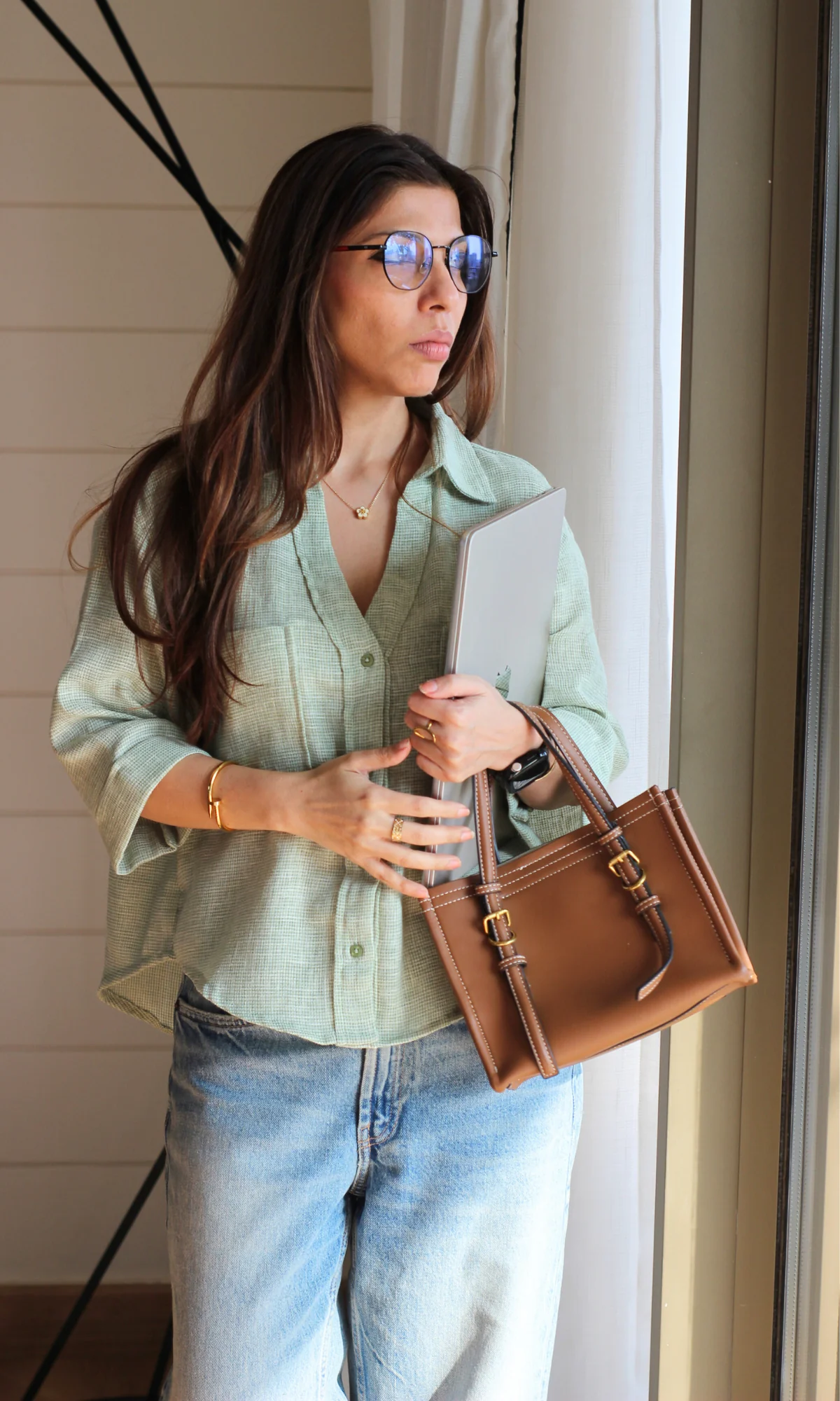 Light Green Weave Cropped Shirt - Image 2