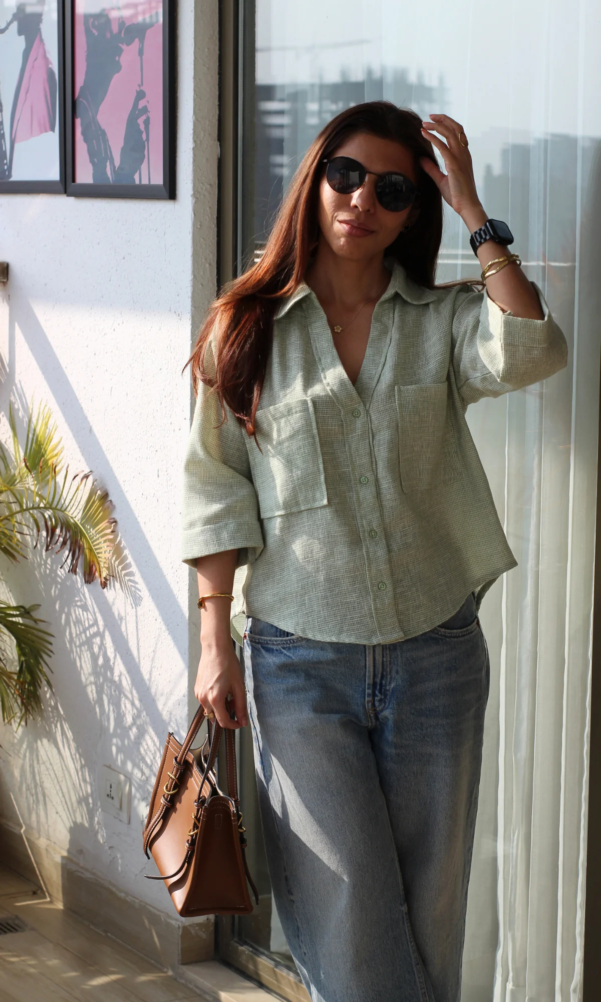 Light Green Weave Cropped Shirt - Image 4