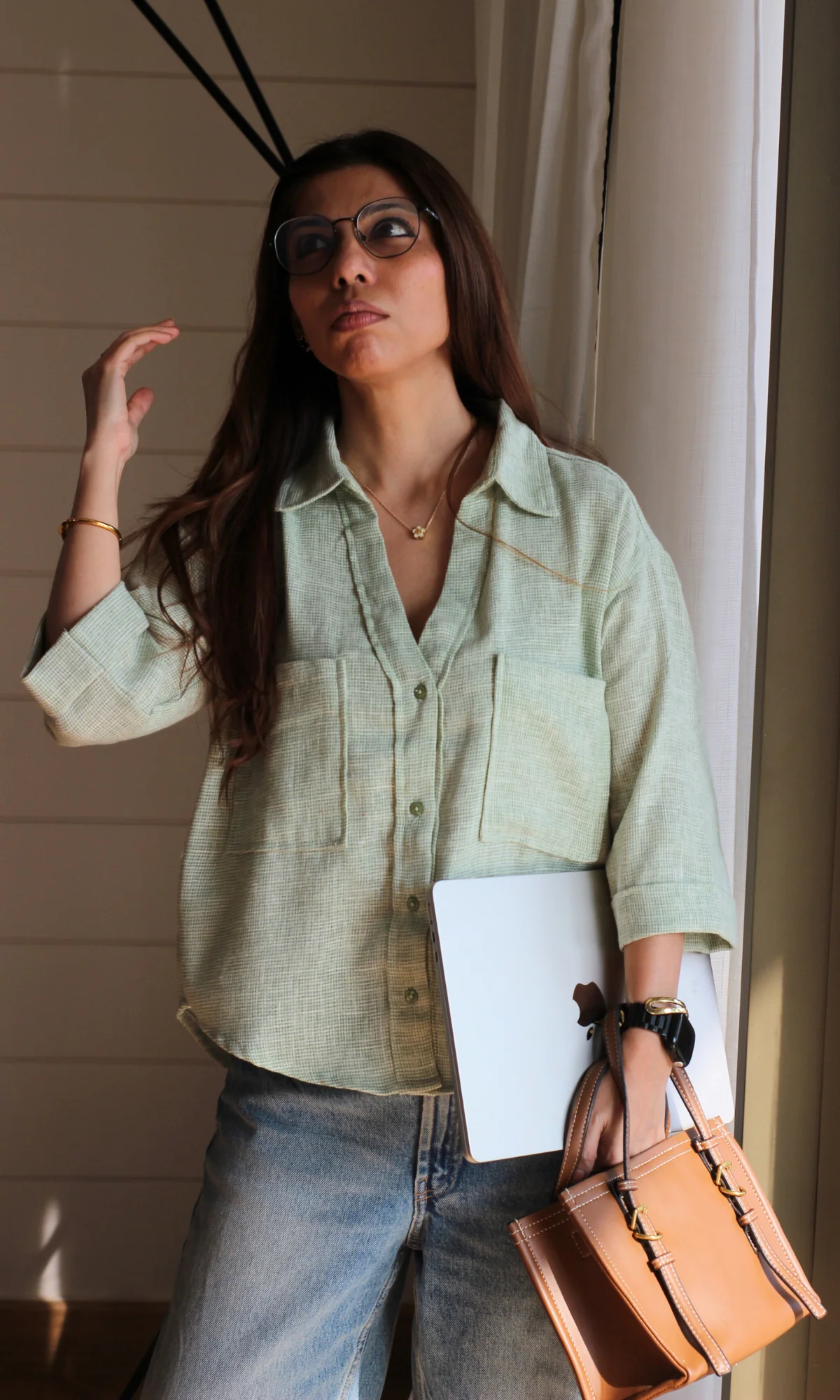 Light Green Weave Cropped Shirt - Image 6