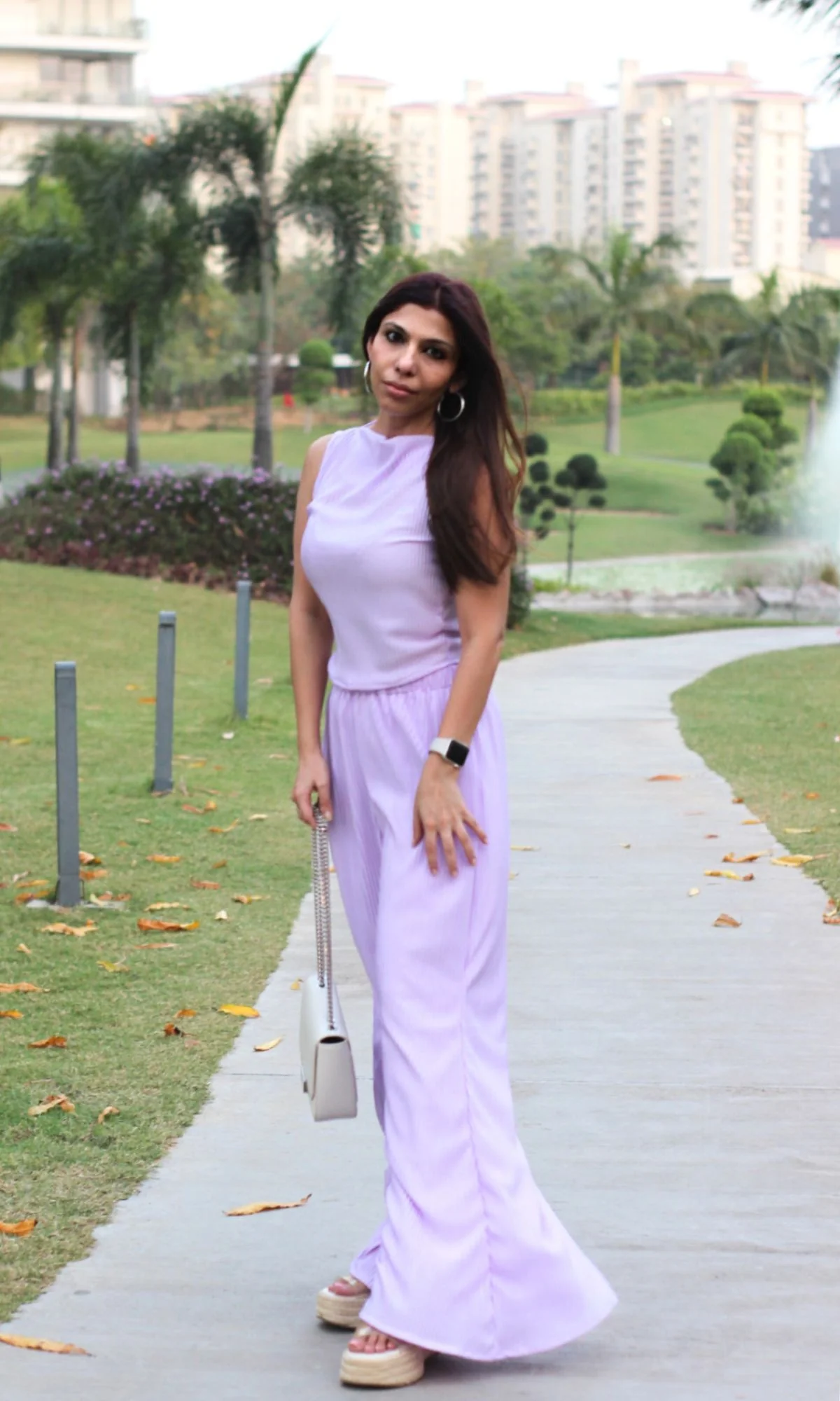 Light Purple Abstract Neck Top with Flared Pants - Image 5