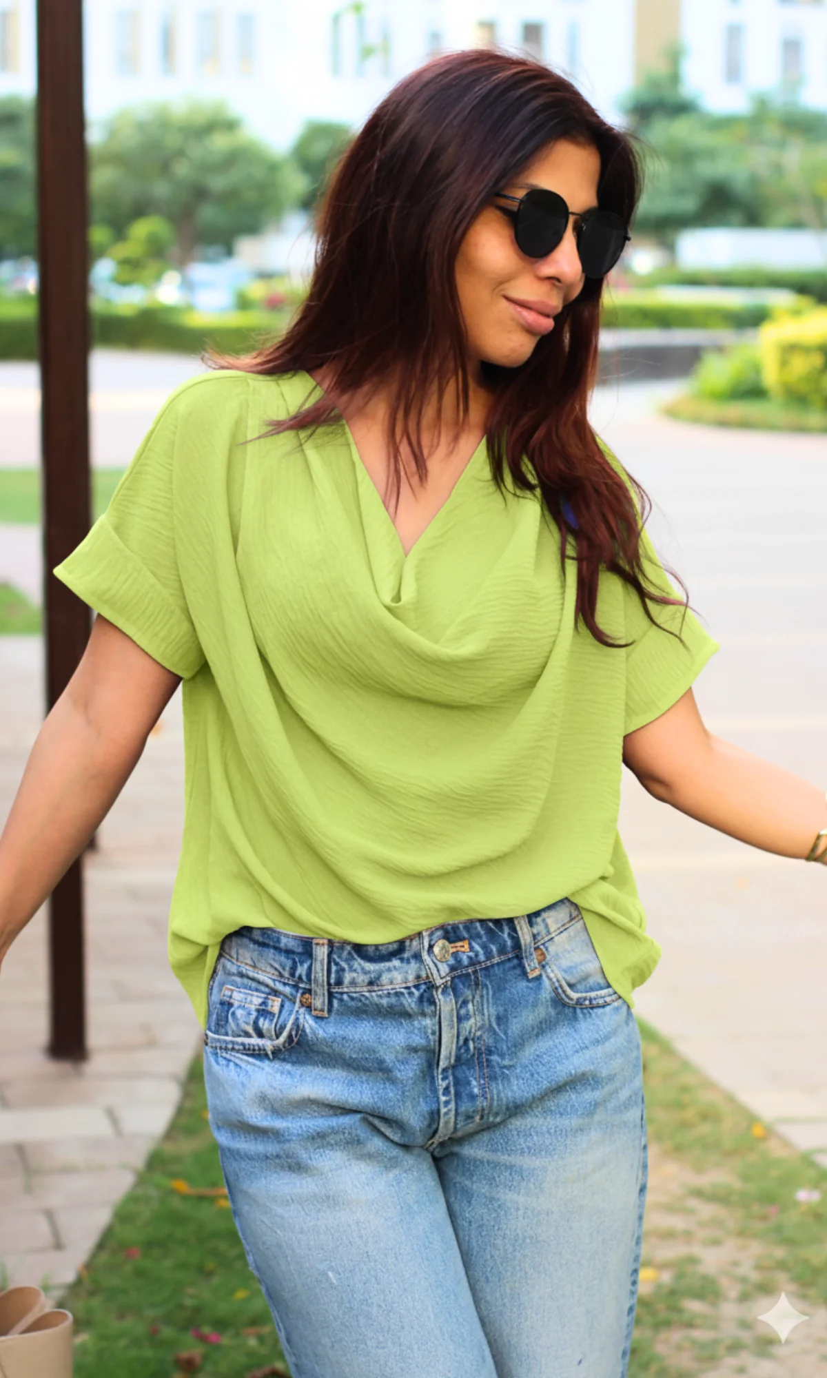 Lime Flowing Cowl Neck Top