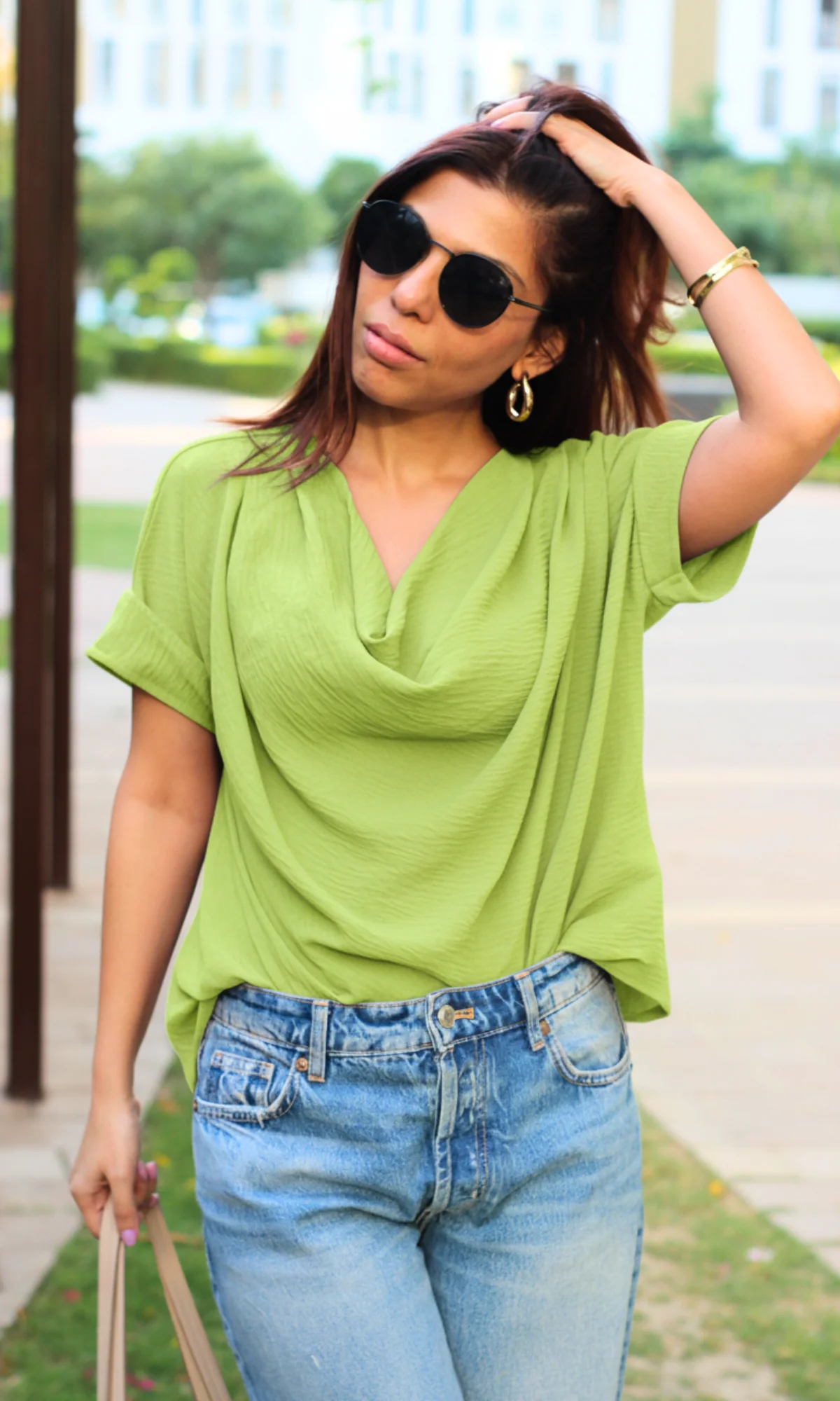 Lime Flowing Cowl Neck Top - Image 2