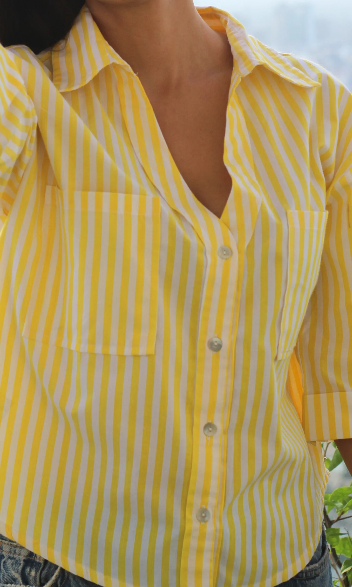 Lime Striped Cotton Cropped Shirt - Image 3