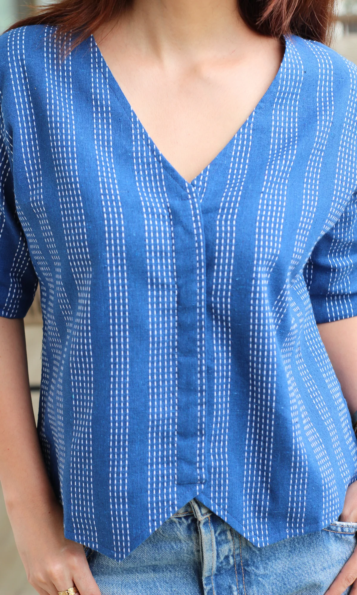 Linear Indigo Striped Sleeved Waist Coat - Image 2