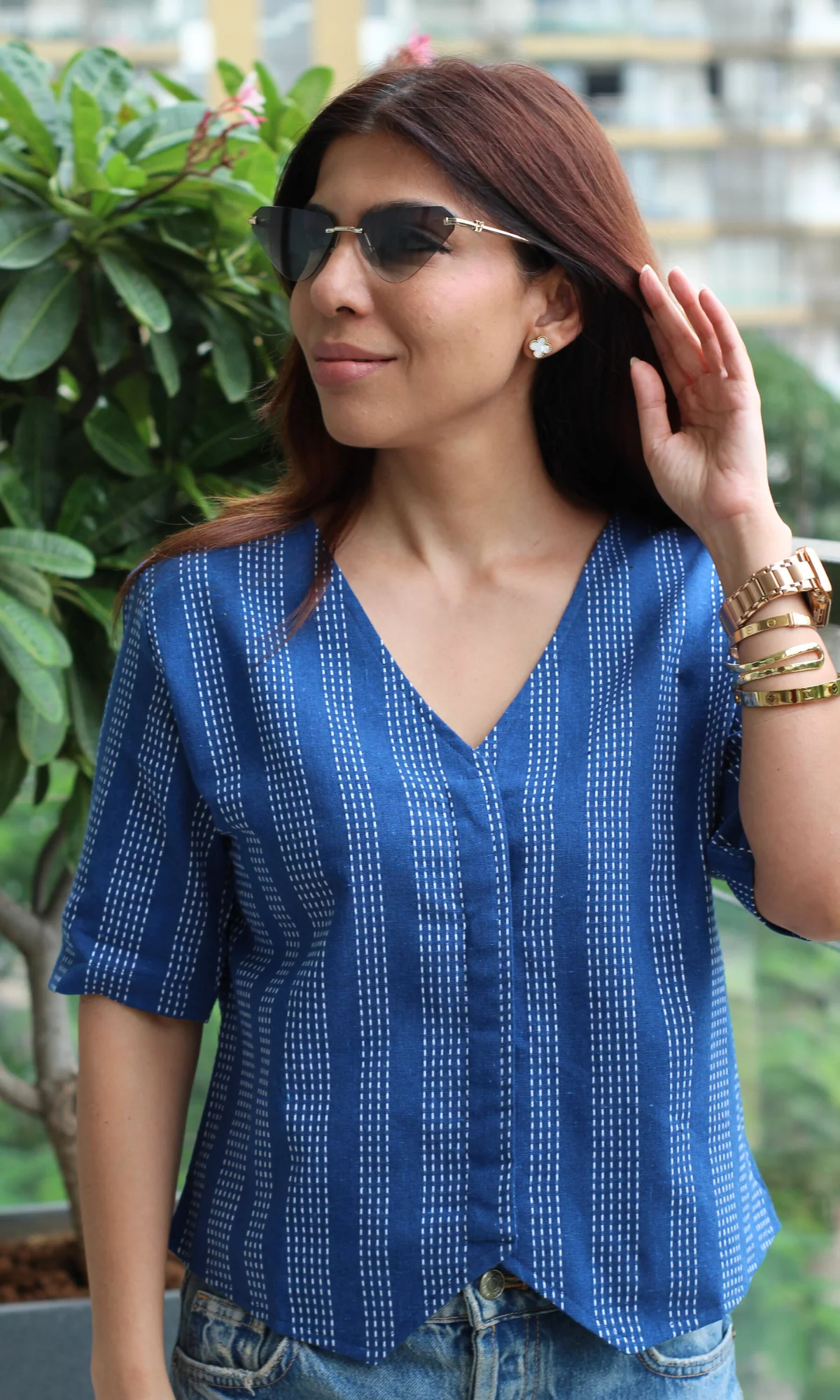 Linear Indigo Striped Sleeved Waist Coat - Image 3