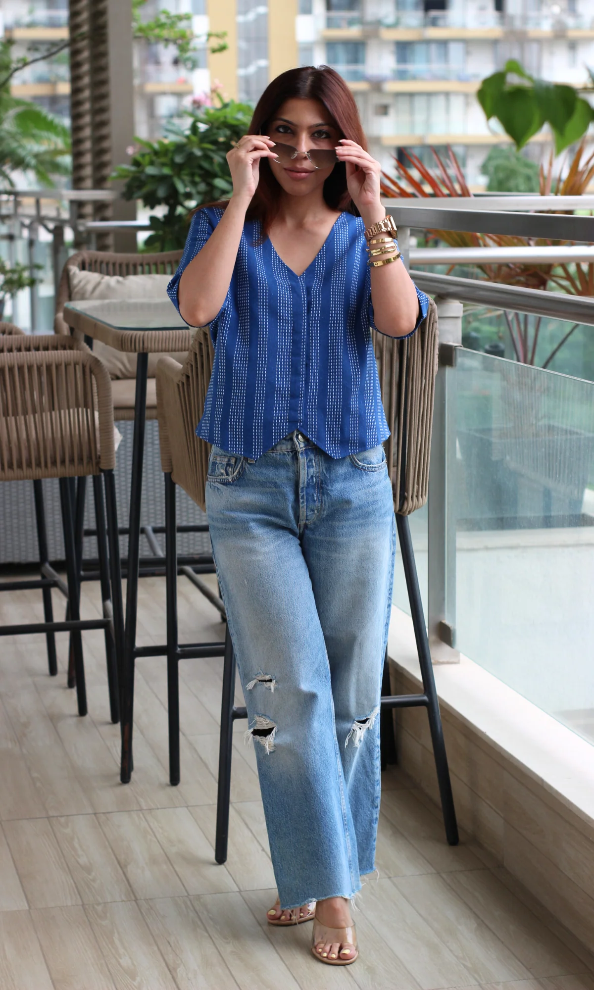 Linear Indigo Striped Sleeved Waist Coat - Image 4