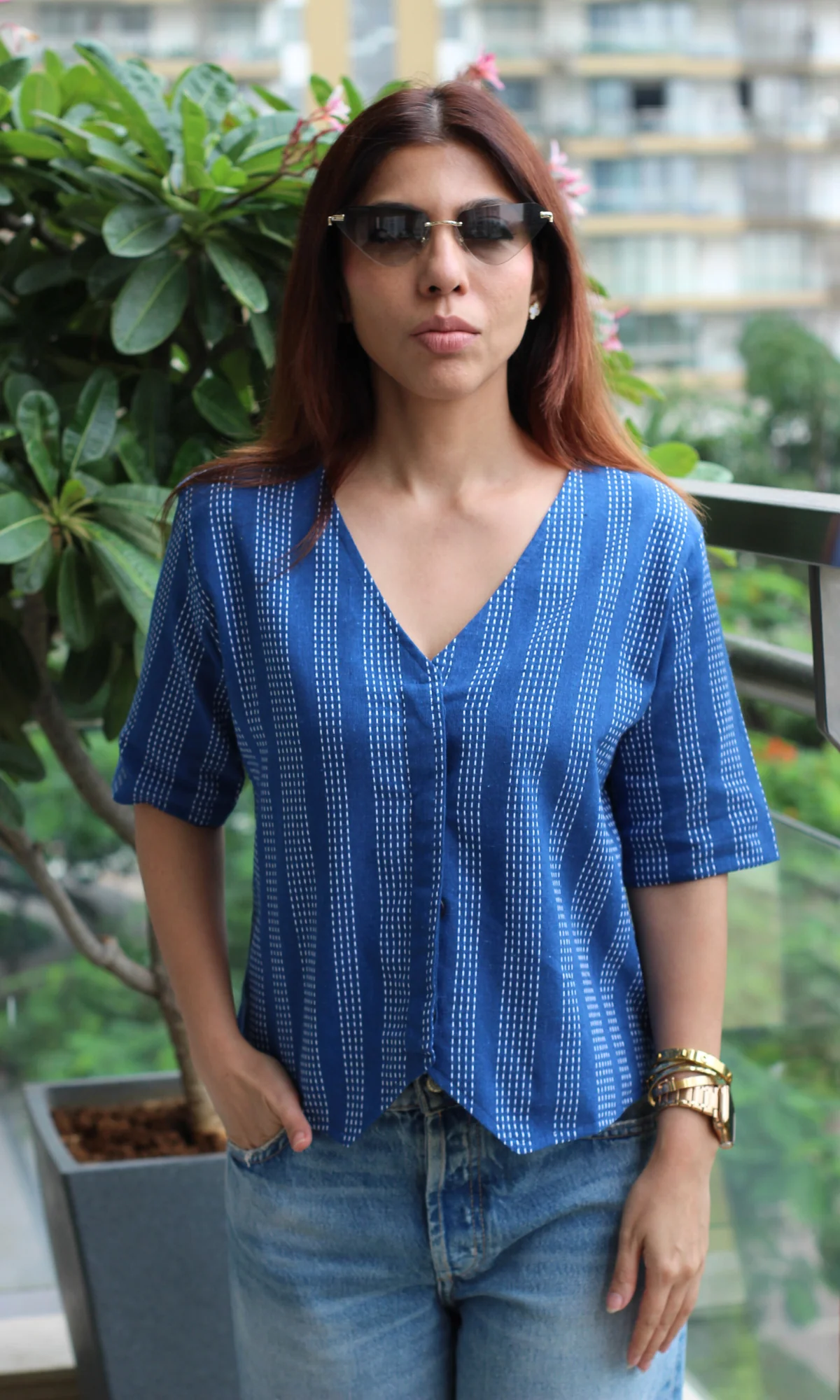 Linear Indigo Striped Sleeved Waist Coat - Image 5