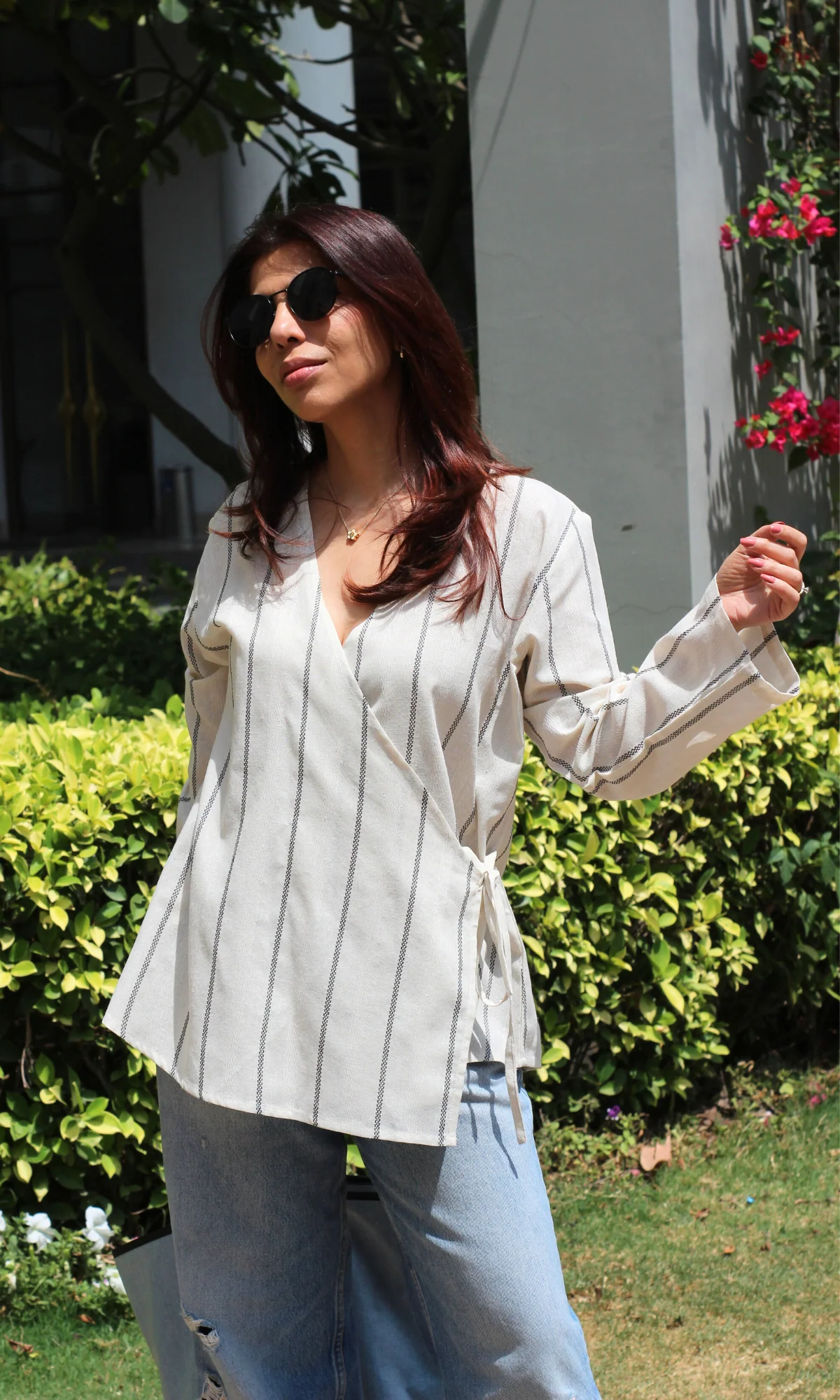 Linear Stripe Tie Detail Cotton Kimono Top - Image 4