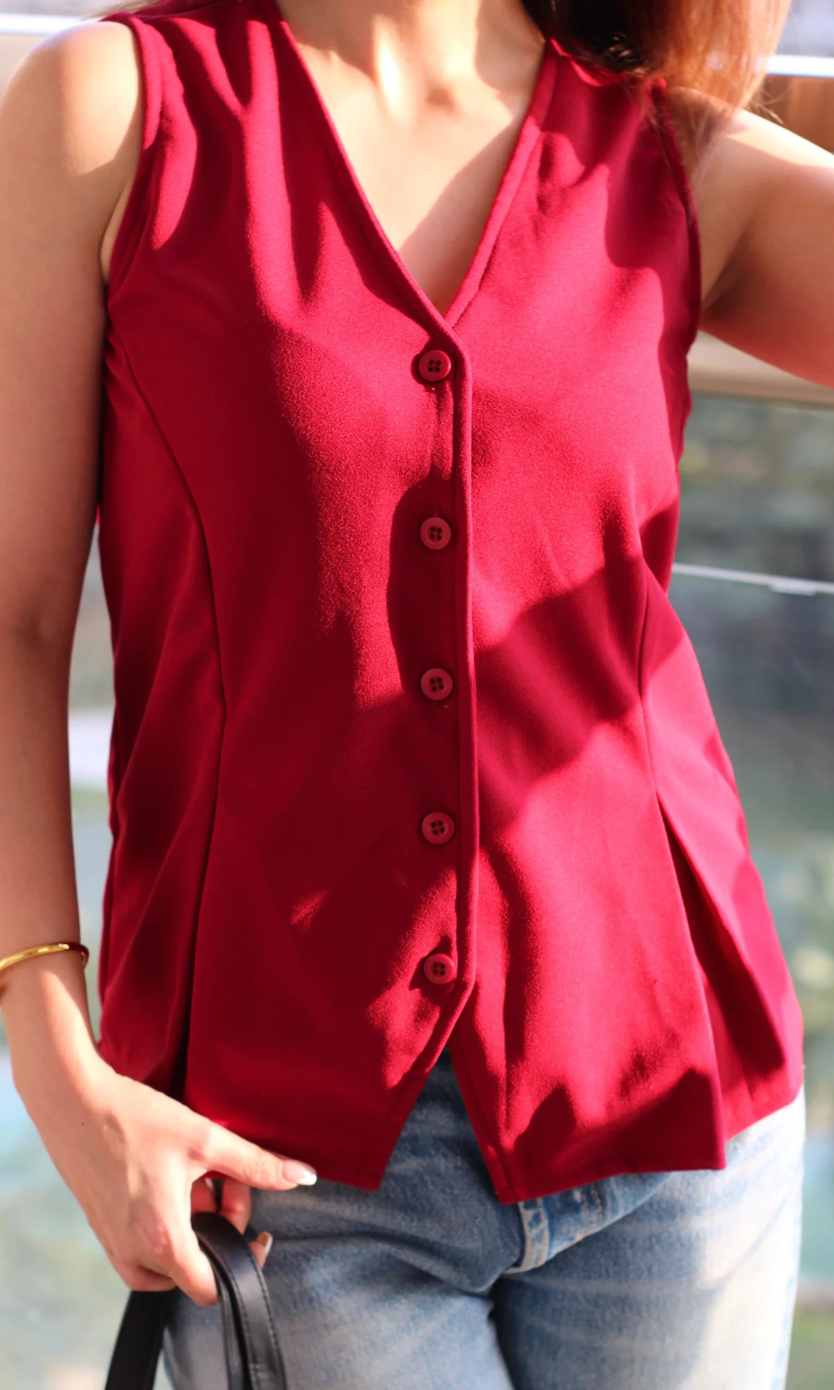 Maroon Buttoned Detail Waist Coat - Image 5