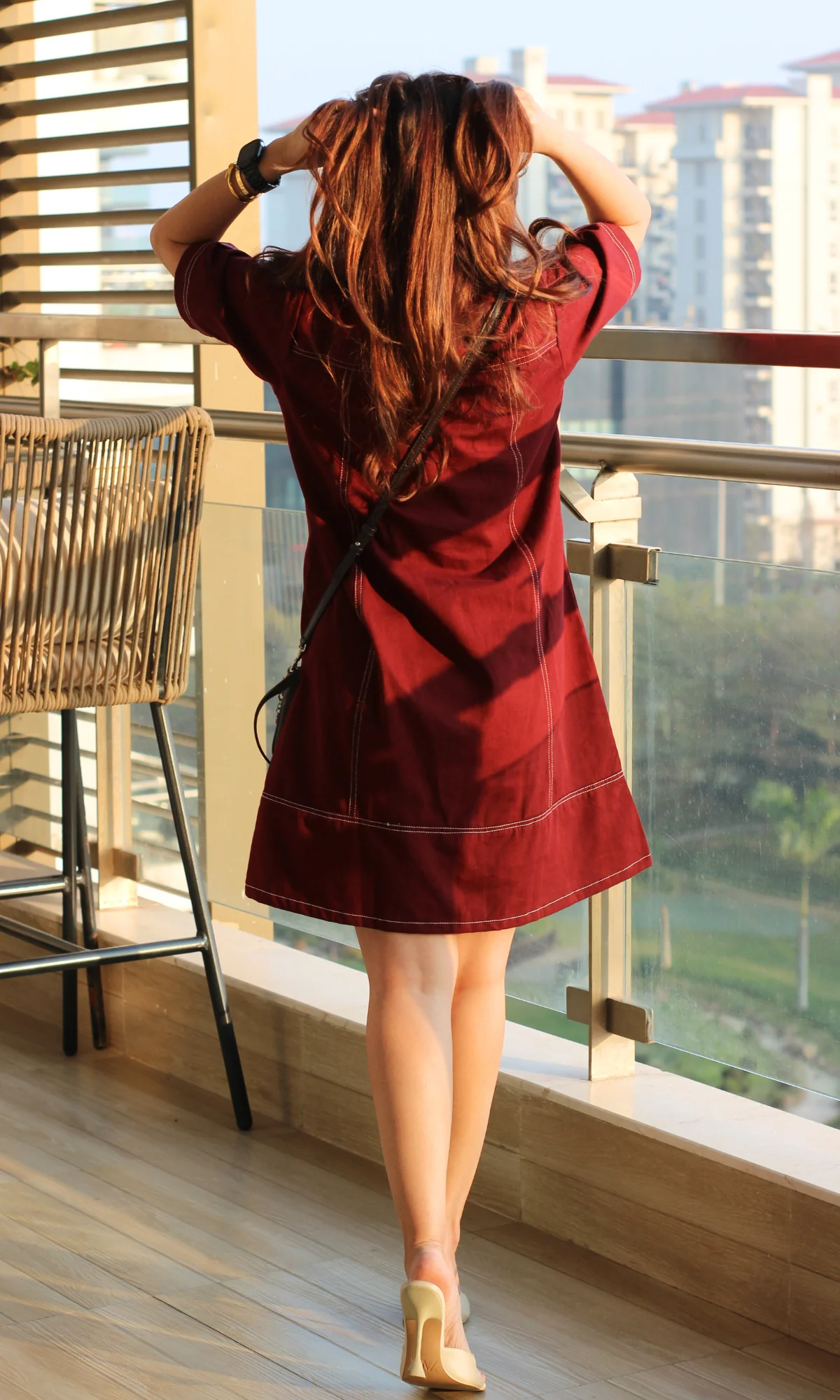 Merlot Sleeved Thread Detail Dress - Image 5
