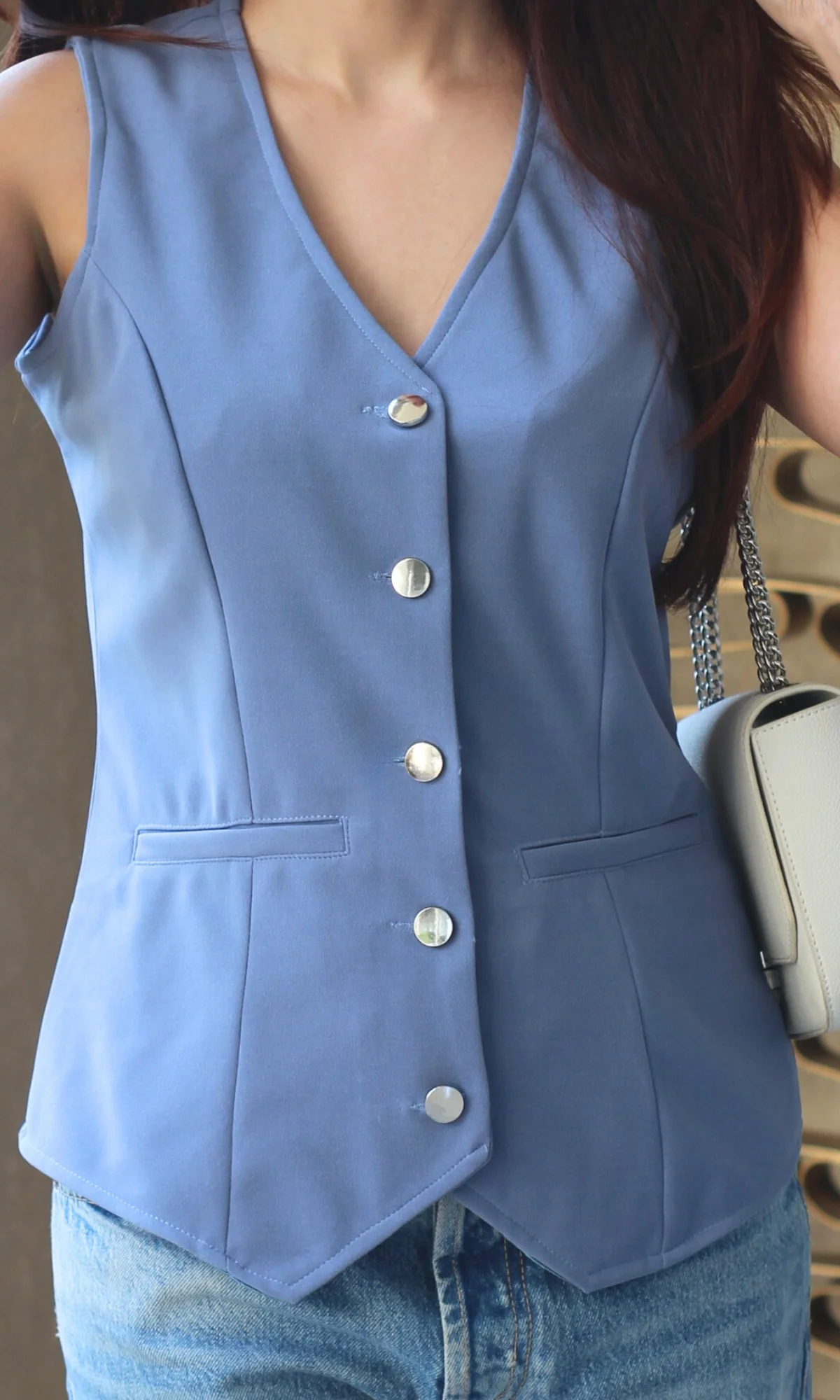 Metallic Buttoned English Blue Waist Coat