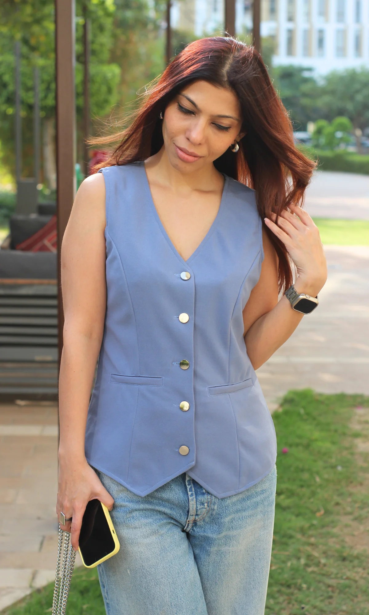 Metallic Buttoned English Blue Waist Coat - Image 2