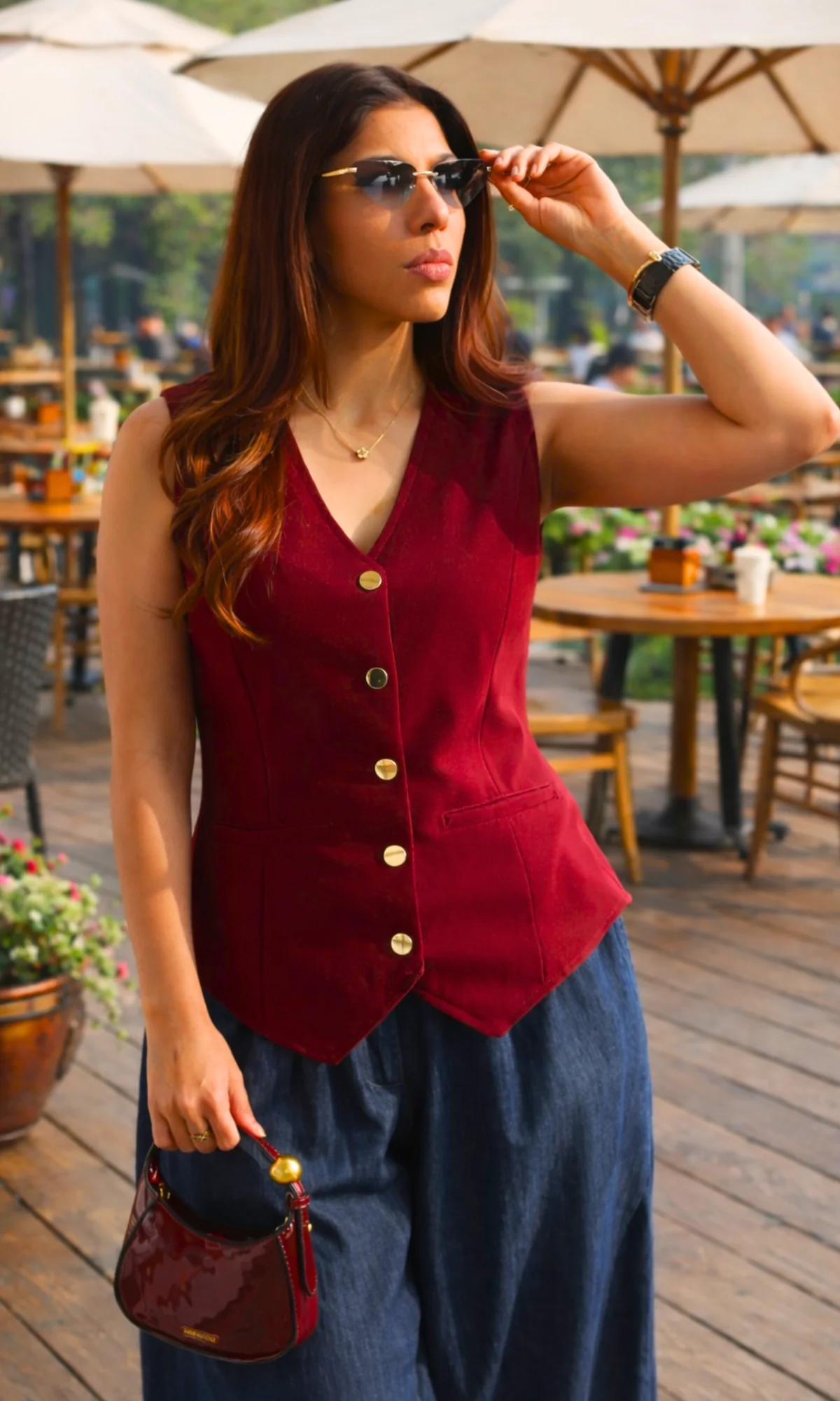 Metallic Buttoned Ruby Waist Coat - Image 2