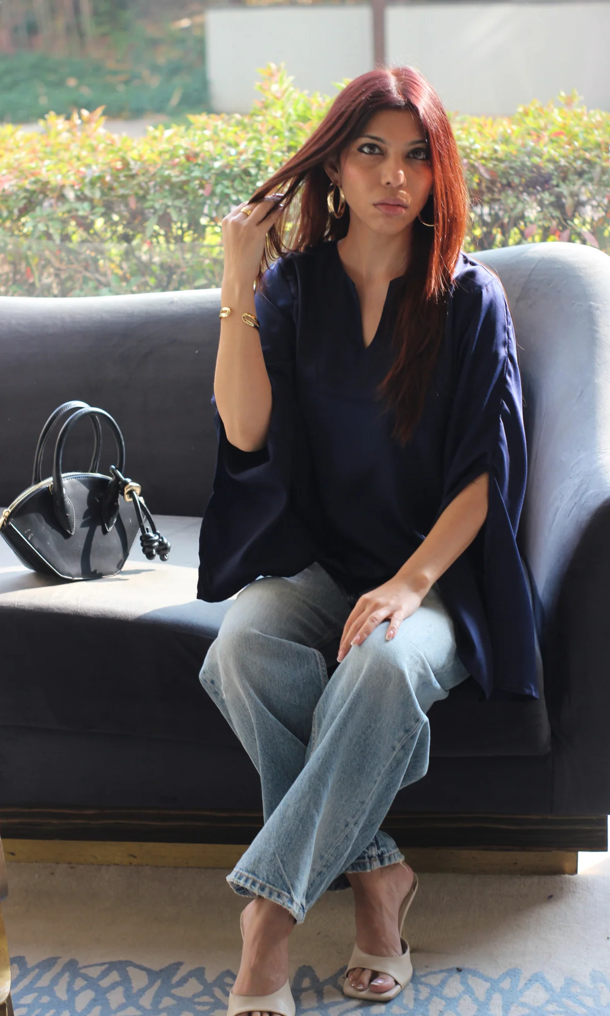 Midnight Blue Slit Sleeve Satin Top