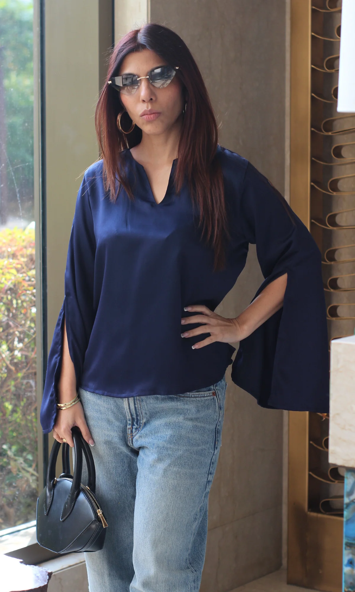 Midnight Blue Slit Sleeve Satin Top - Image 2