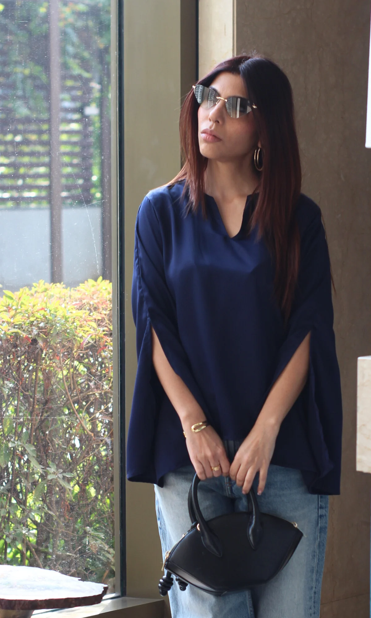 Midnight Blue Slit Sleeve Satin Top - Image 3