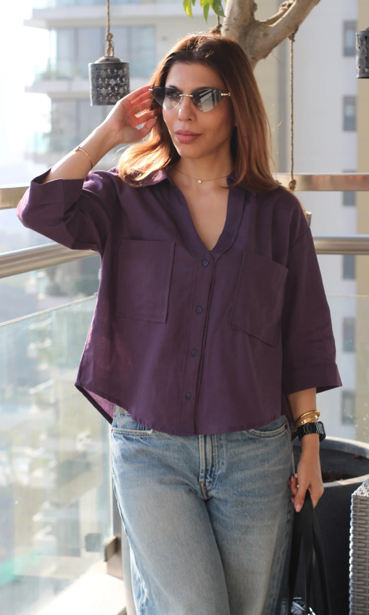 Midnight Purple Cotton Cropped Shirt - Image 2
