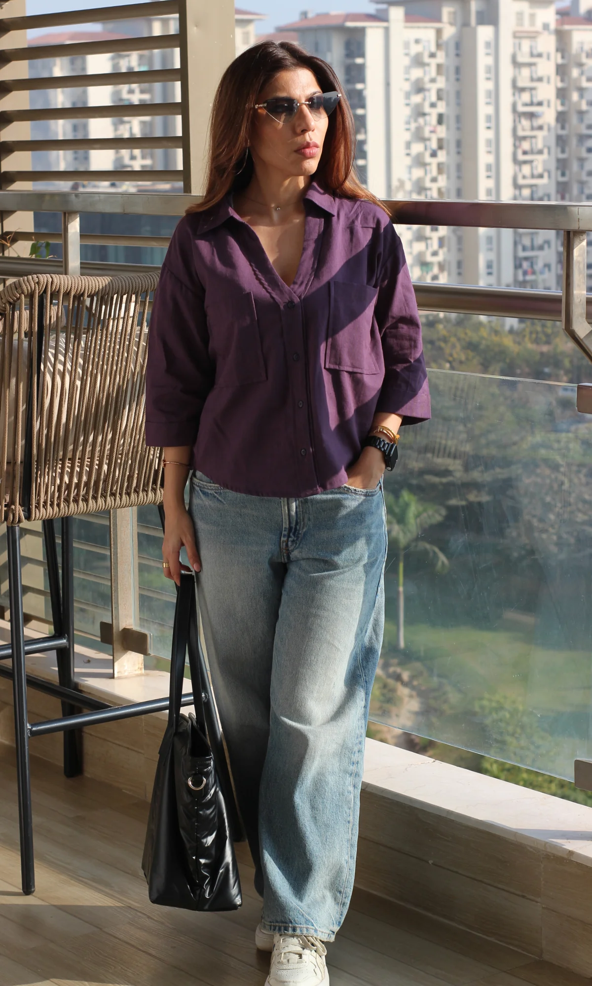 Midnight Purple Cotton Cropped Shirt - Image 4