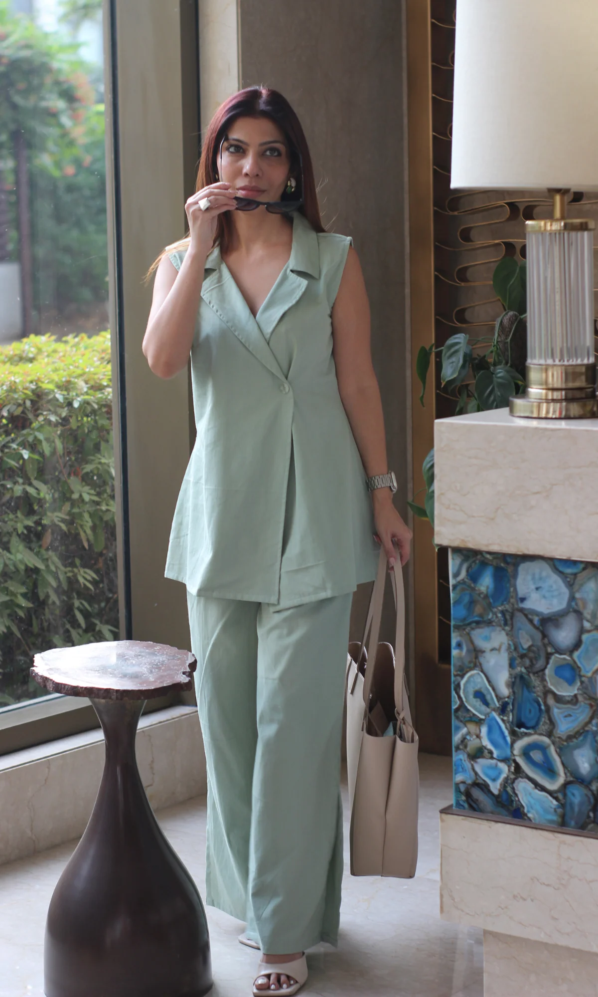 Mint Belted Blazer Top with Flared Pants Co-ord - Image 3