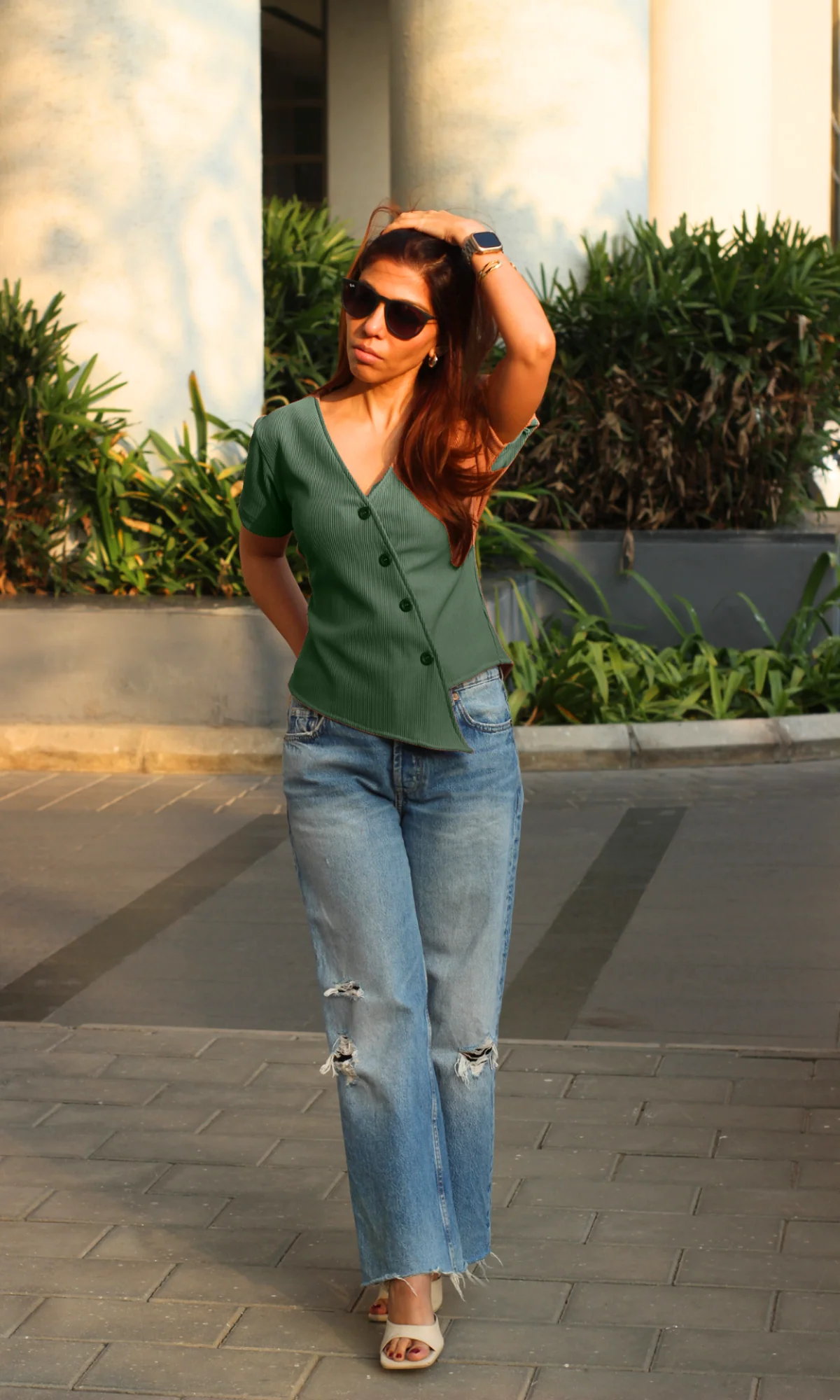 Minted Sage Ribbed Side-Cut Sleeved Waist Coat - Image 3