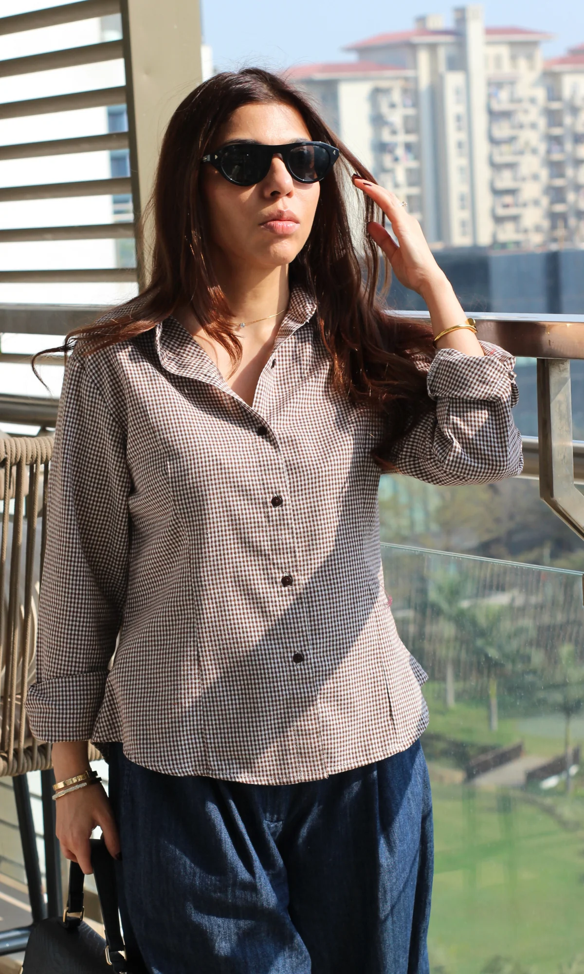 Mocha Micro-Check Peplum Shirt - Image 3