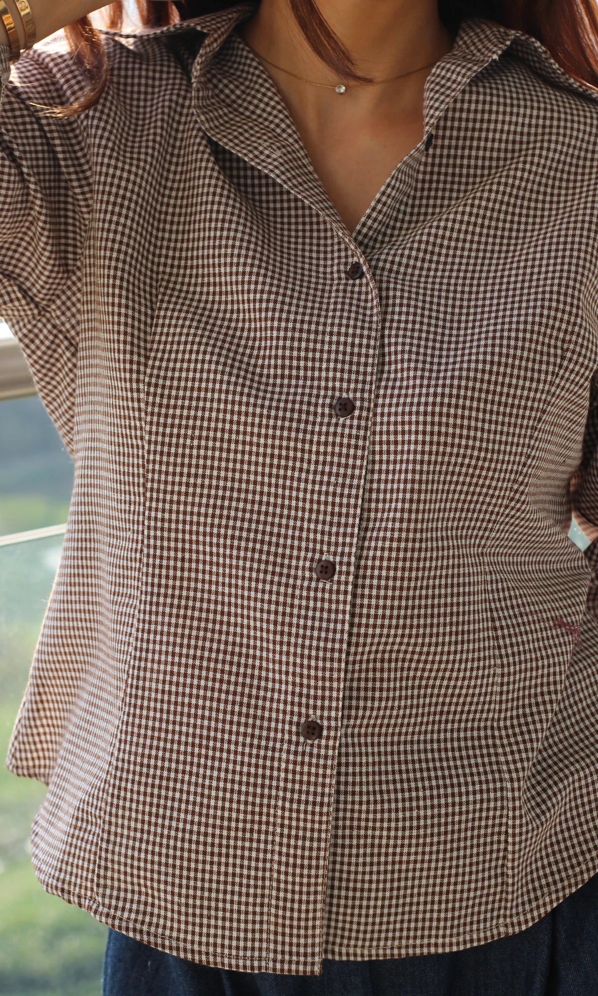 Mocha Micro-Check Peplum Shirt - Image 4