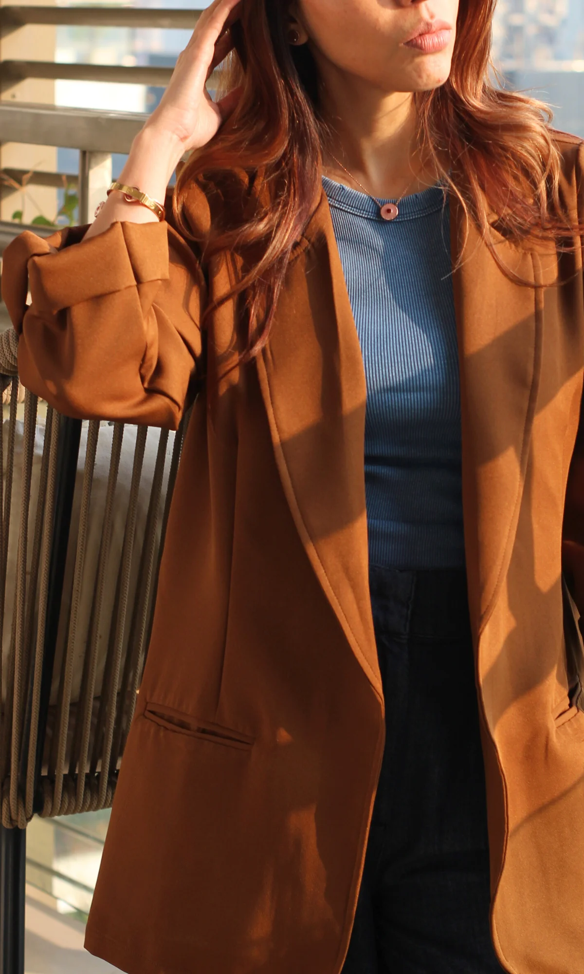 Mocha Rolled-Up Sleeve Blazer Jacket - Image 2