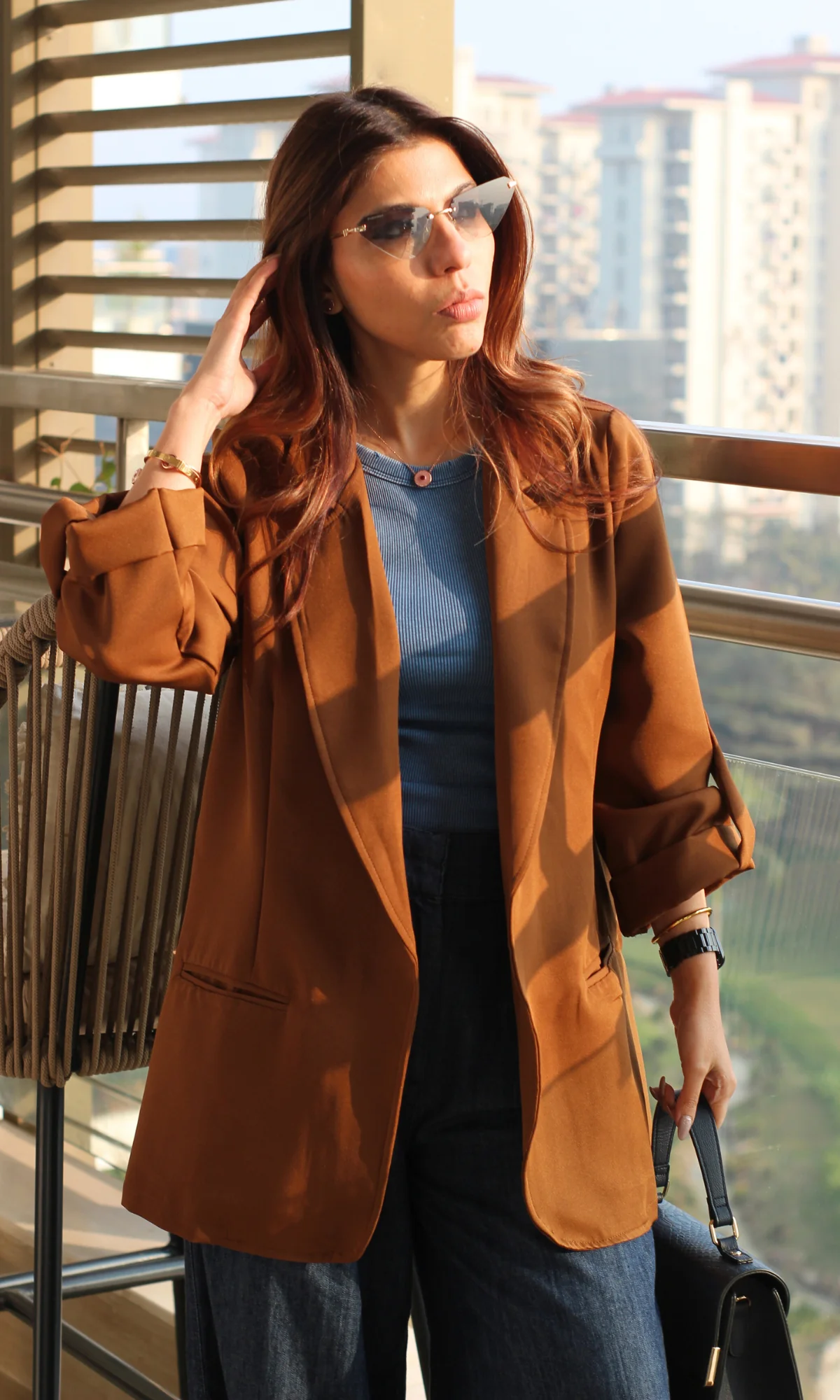 Mocha Rolled-Up Sleeve Blazer Jacket - Image 5