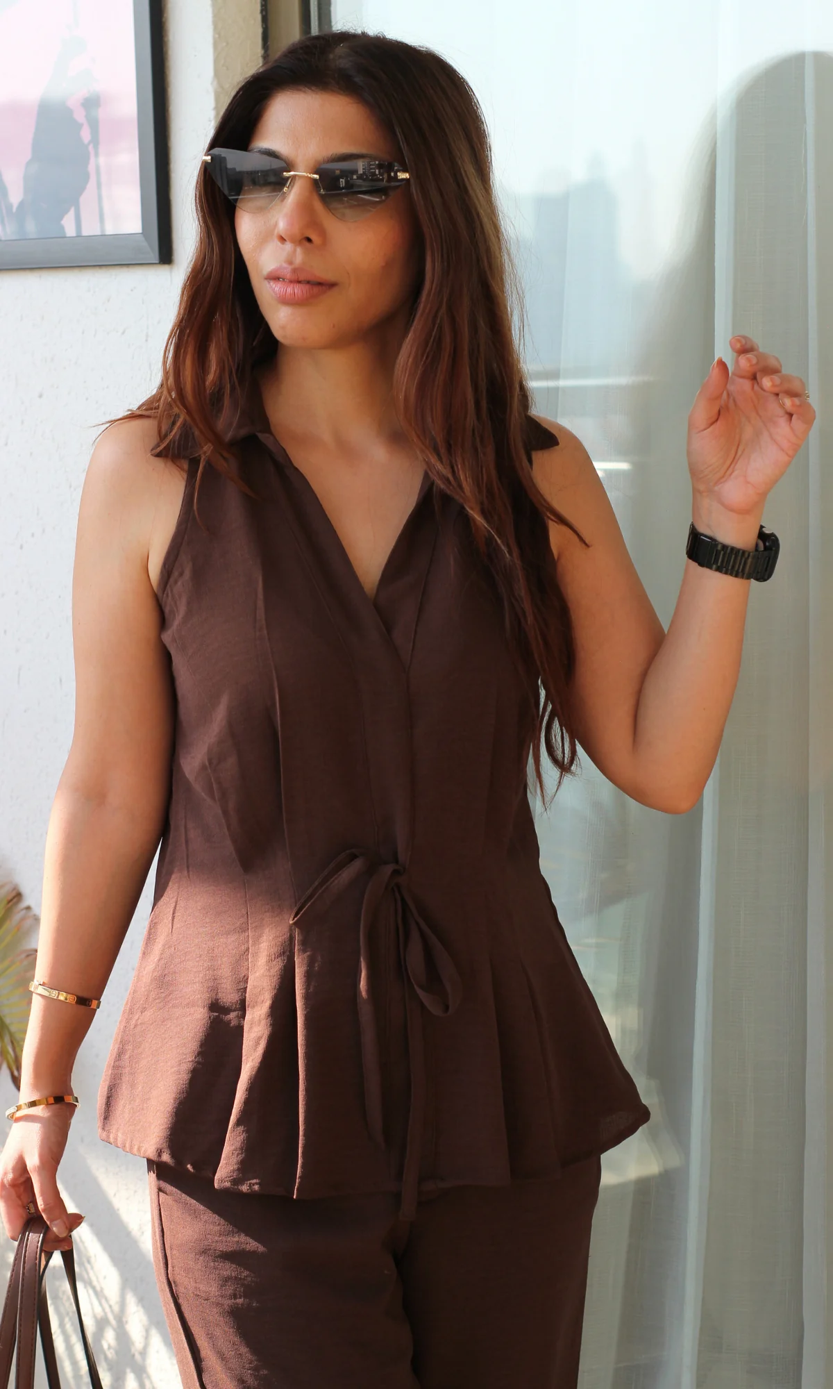 Mocha String Detail Top and Flared Pants Co-ord - Image 2