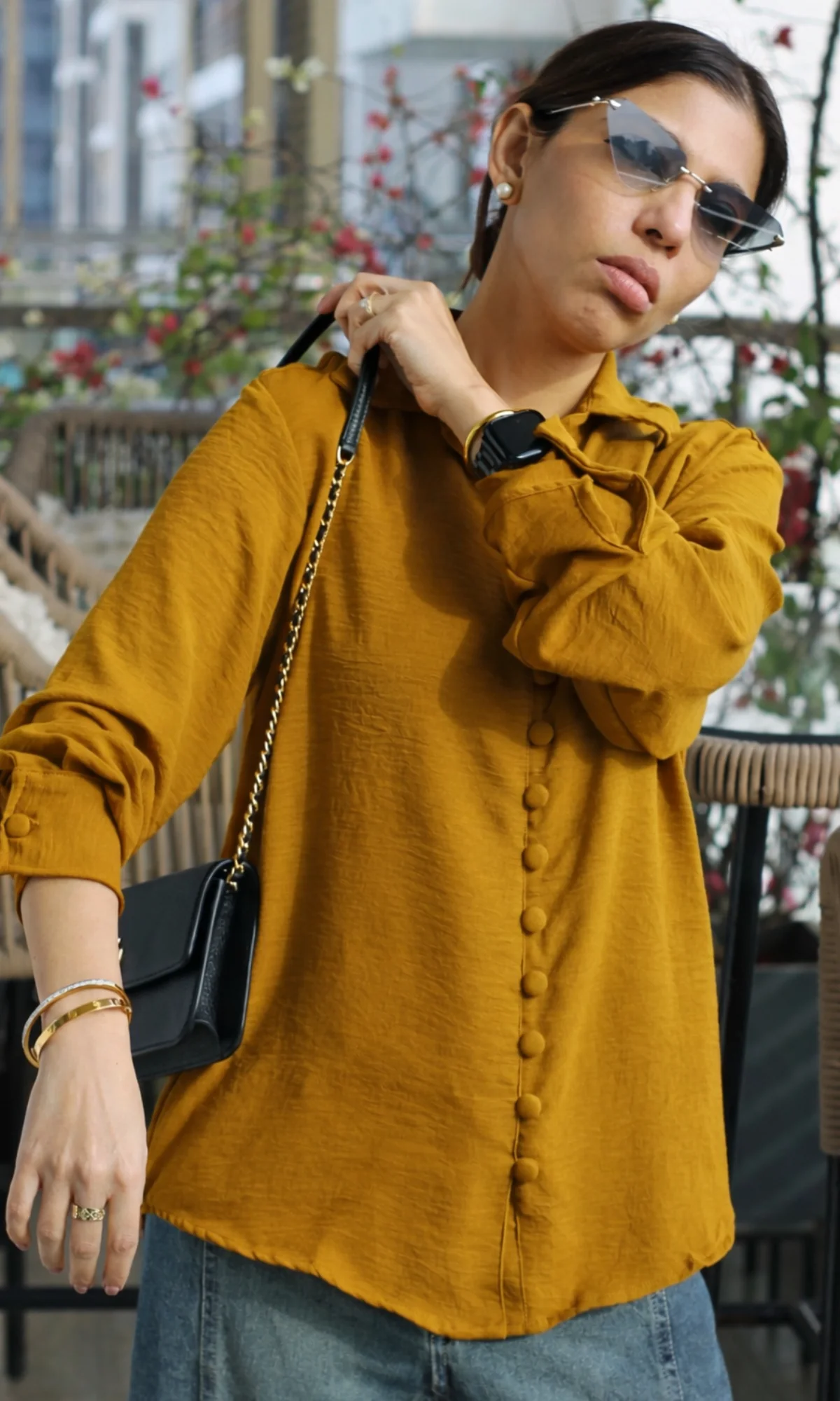 Mustard Brown Buttoned Flowing Shirt - Image 2