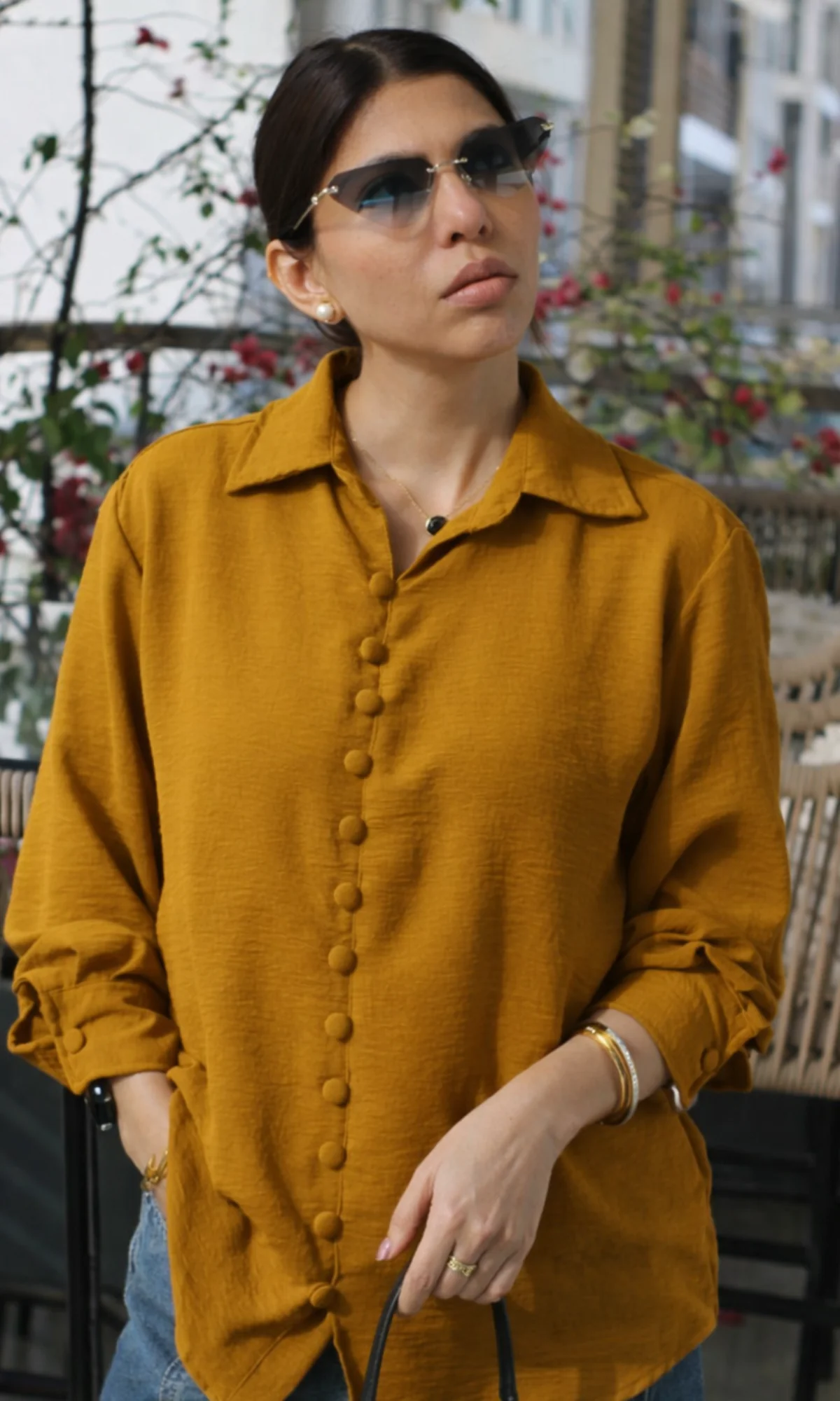 Mustard Brown Buttoned Flowing Shirt - Image 3