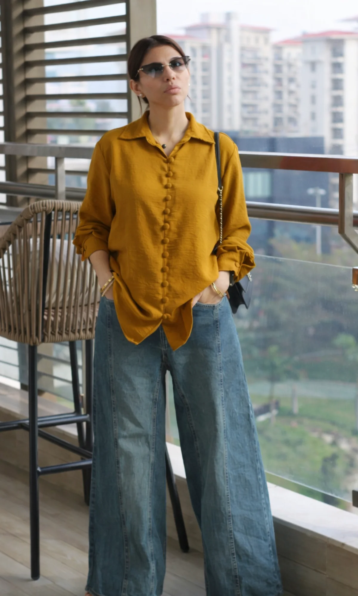 Mustard Brown Buttoned Flowing Shirt - Image 4