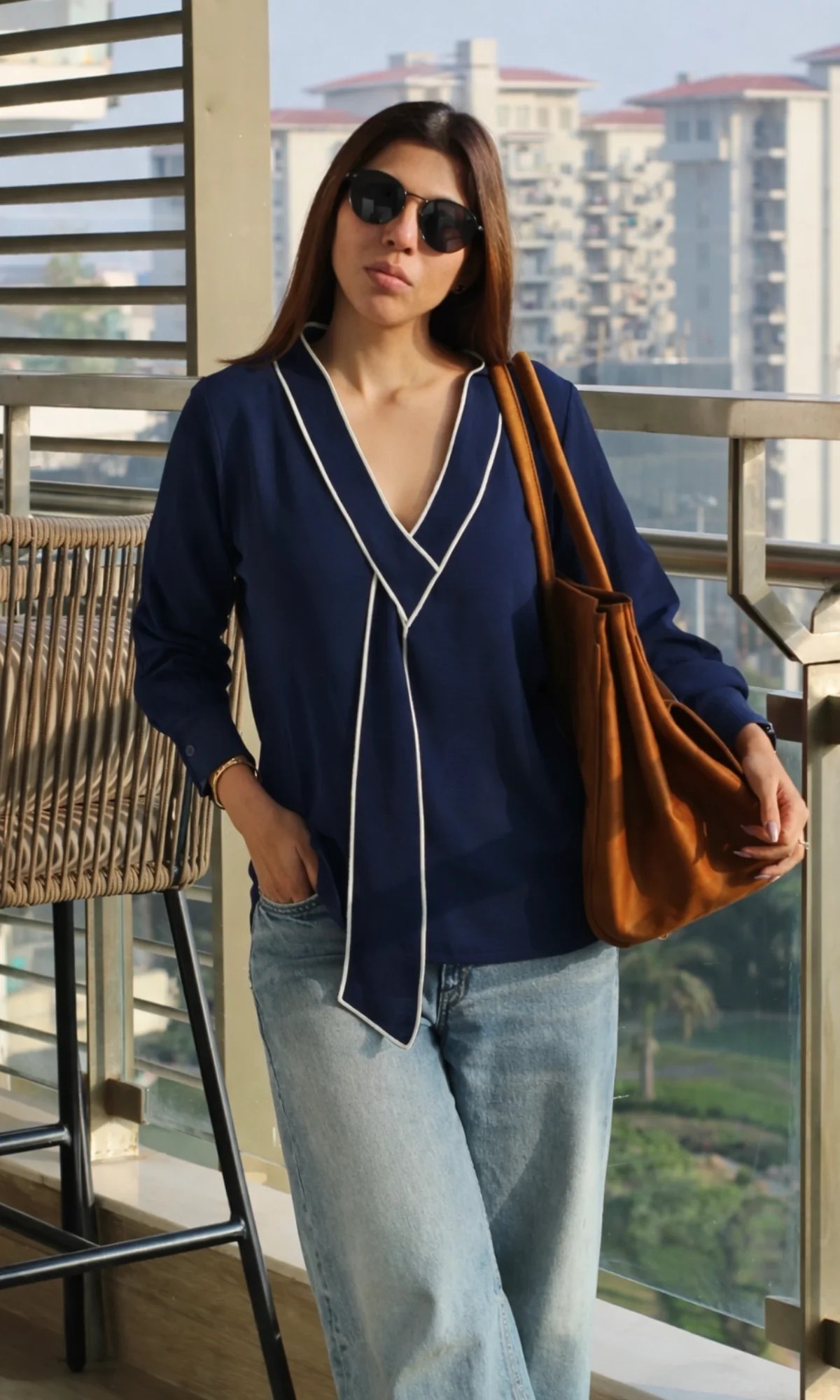 Navy Blue-Beige Knot Detail Top