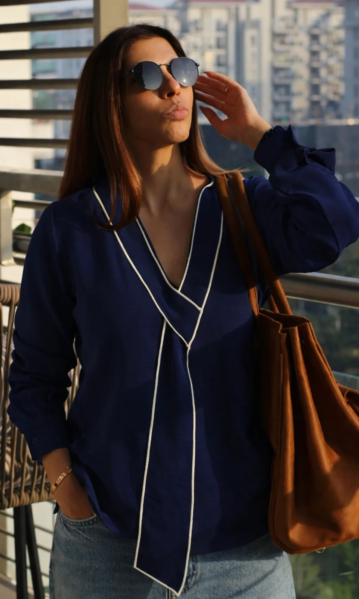 Navy Blue-Beige Knot Detail Top - Image 2