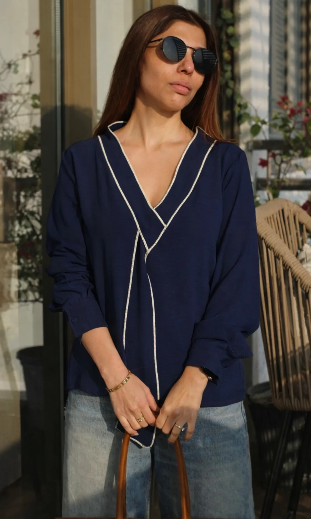 Navy Blue-Beige Knot Detail Top - Image 5