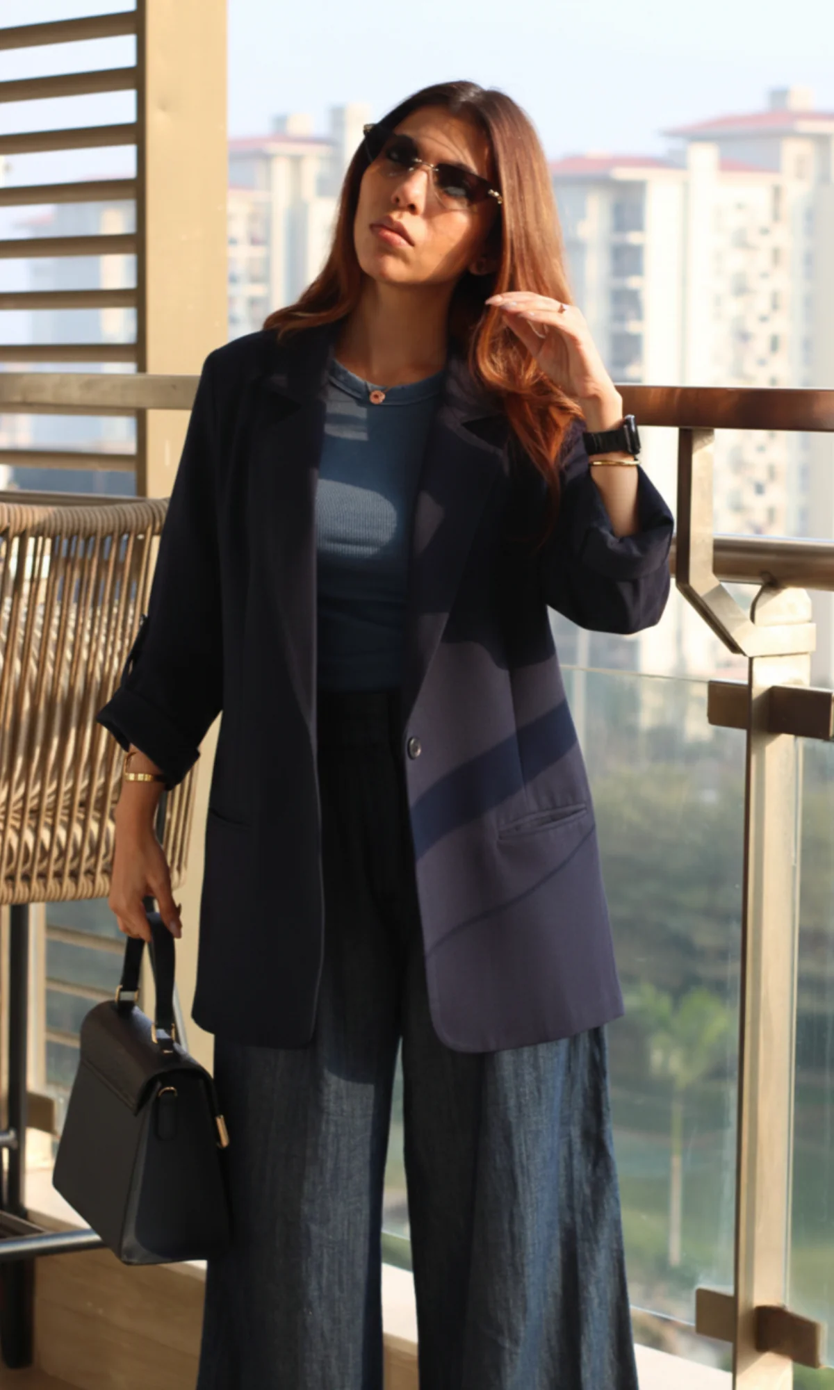 Navy Blue Rolled-Up Sleeve Blazer Jacket - Image 2