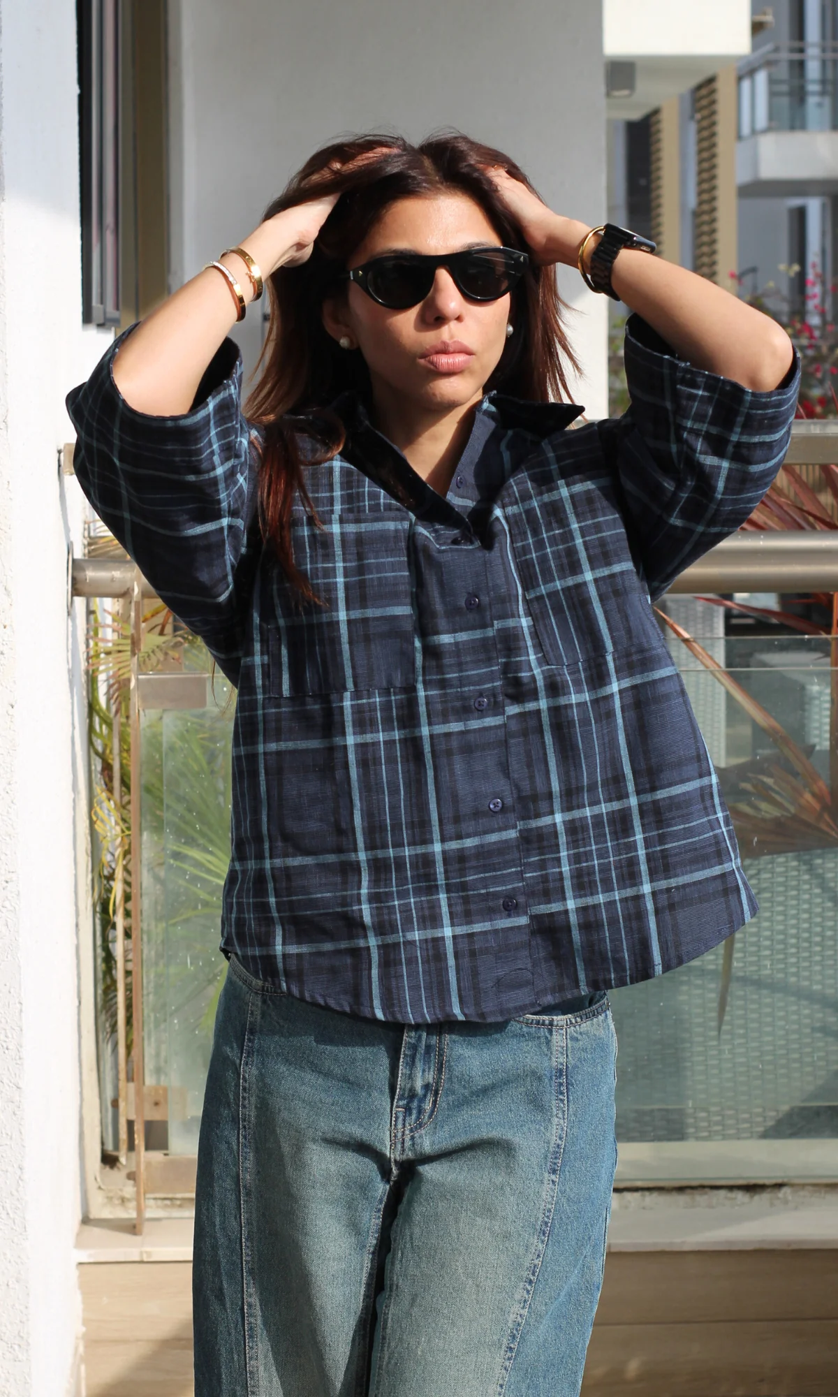 Navy Checked Flared Sleeve Shirt - Image 2