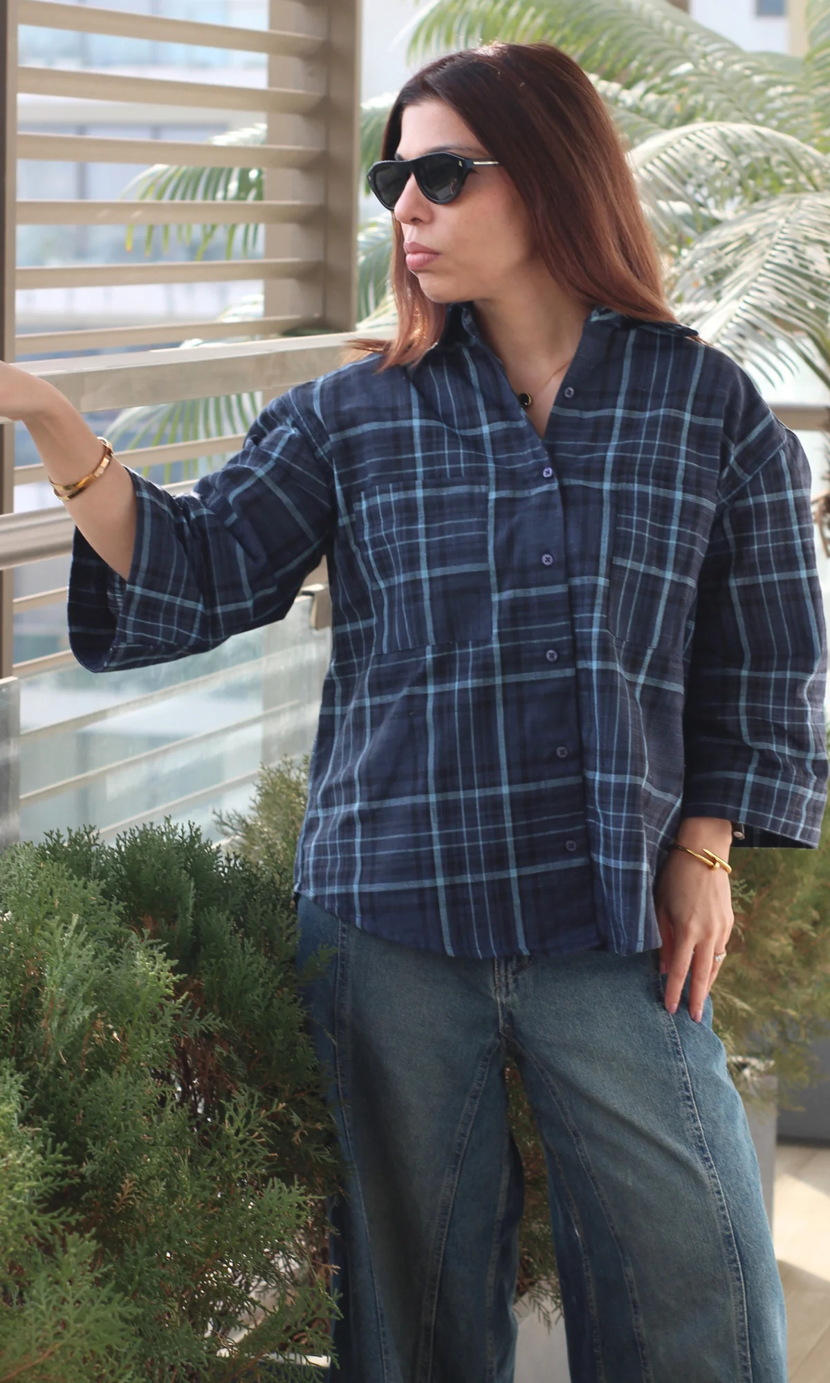 Navy Checked Flared Sleeve Shirt - Image 3