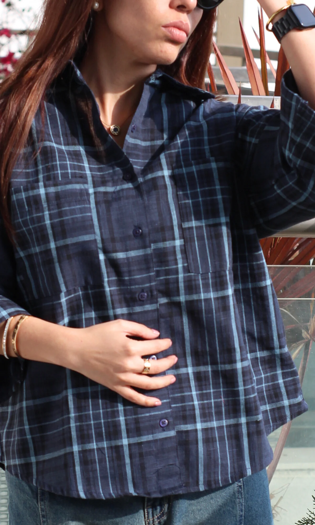 Navy Checked Flared Sleeve Shirt - Image 5