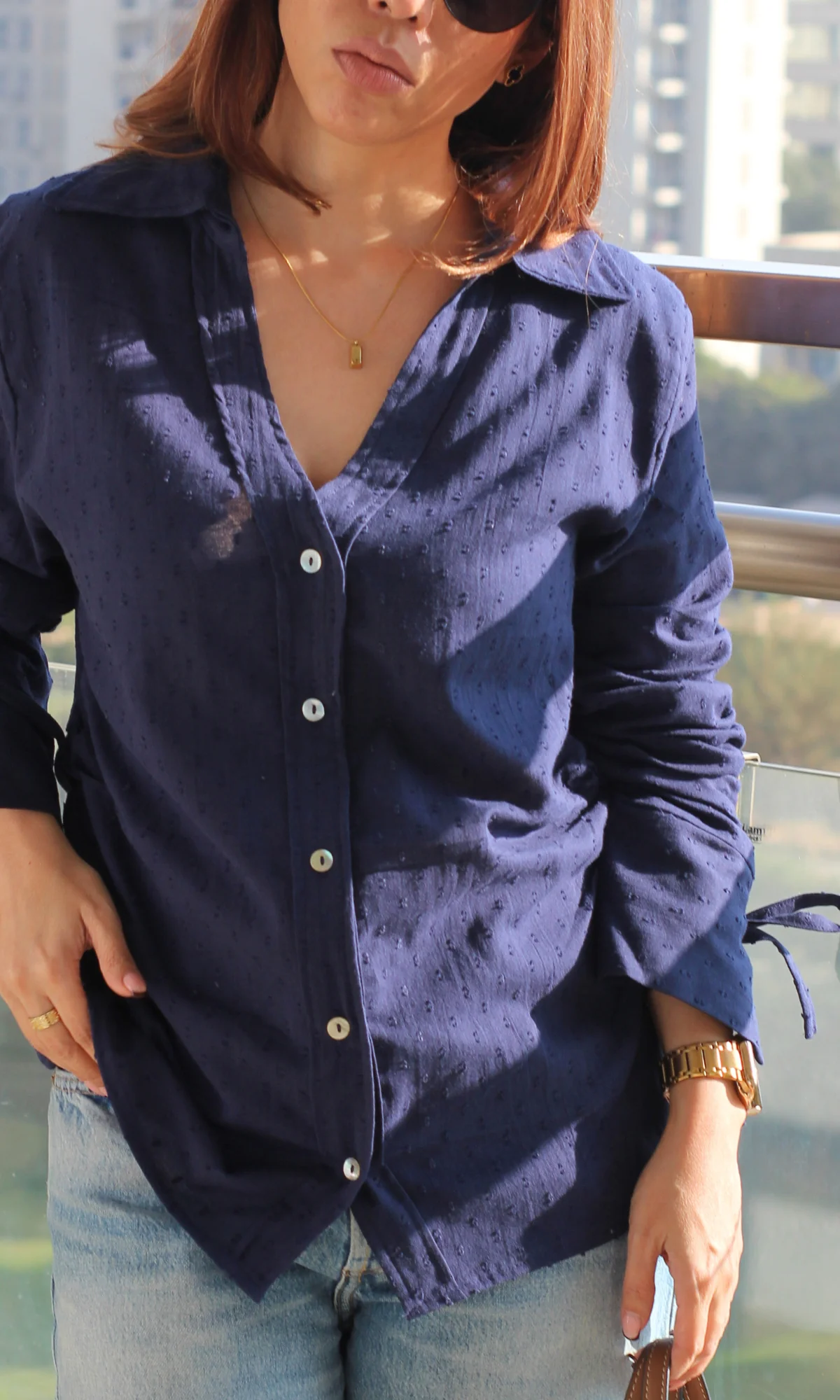Navy Dobby String Detail Cotton Shirt