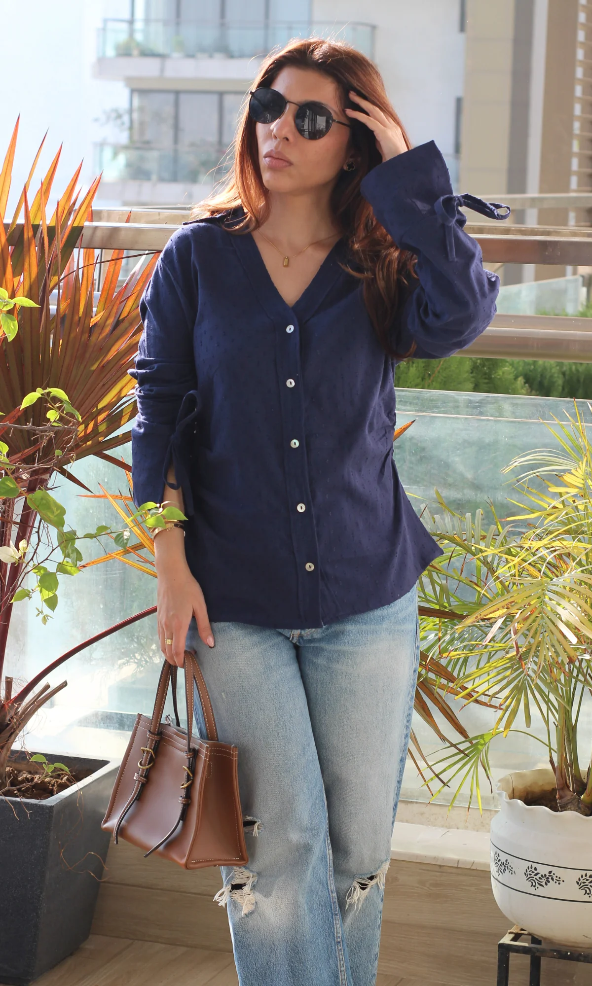 Navy Dobby String Detail Cotton Shirt - Image 2