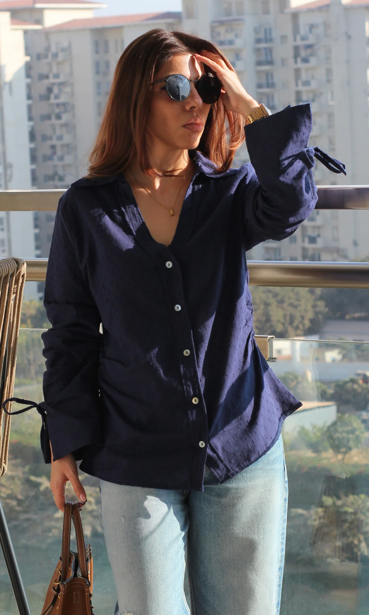 Navy Dobby String Detail Cotton Shirt - Image 3