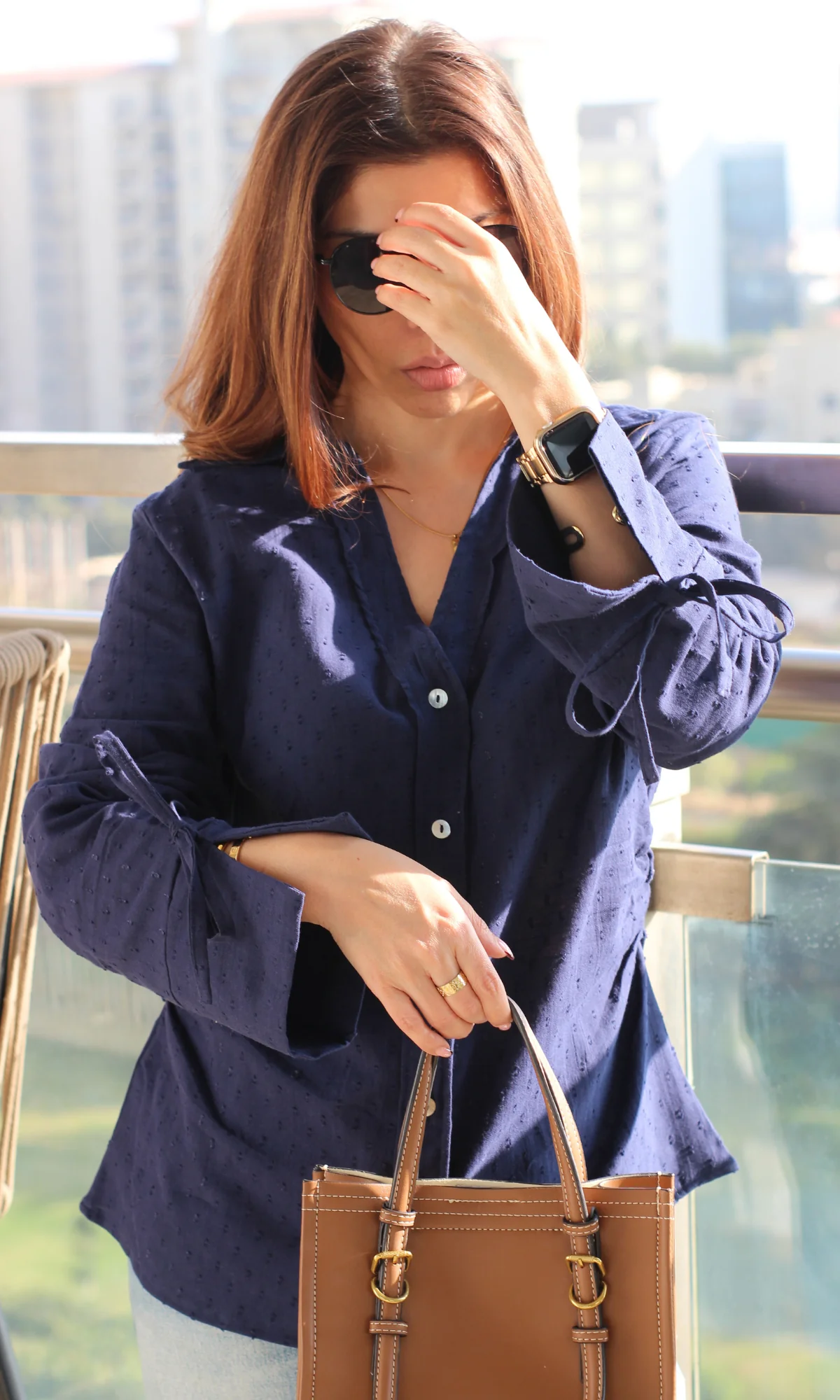 Navy Dobby String Detail Cotton Shirt - Image 5