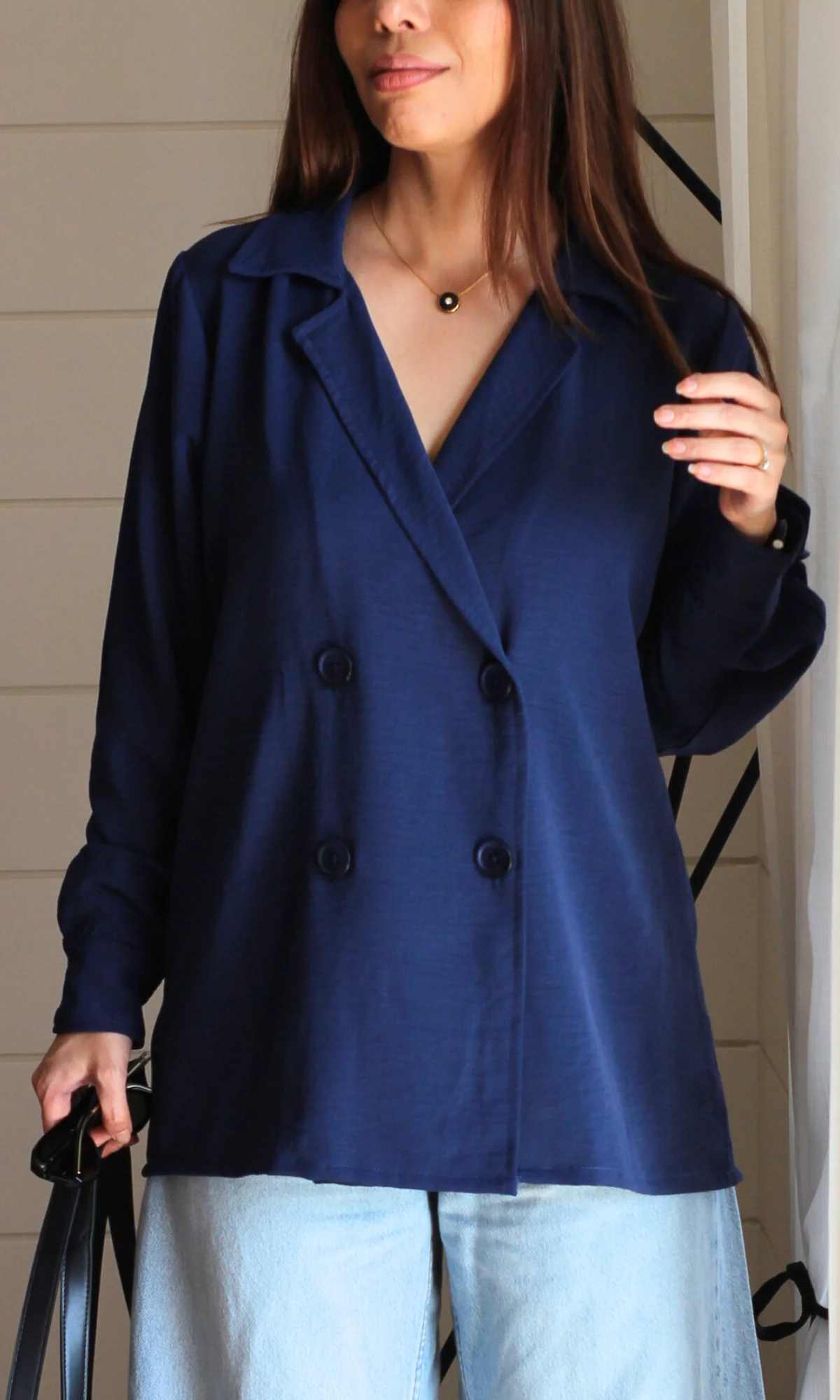 Navy Flowing Double Breasted Shirt - Image 3