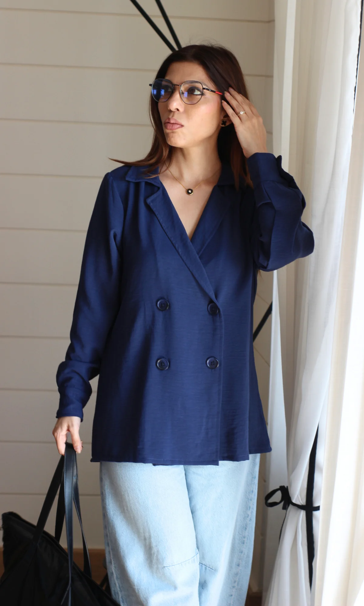 Navy Flowing Double Breasted Shirt - Image 5