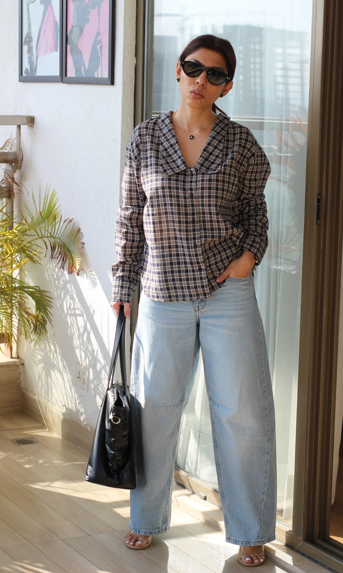 Navy Gingham-Check Peter Pan Collared Shirt - Image 2