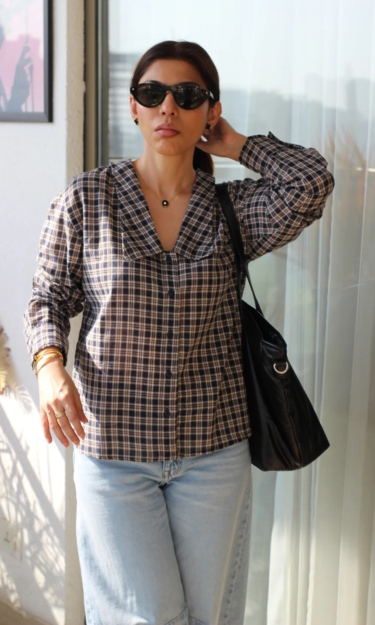 Navy Gingham-Check Peter Pan Collared Shirt - Image 3