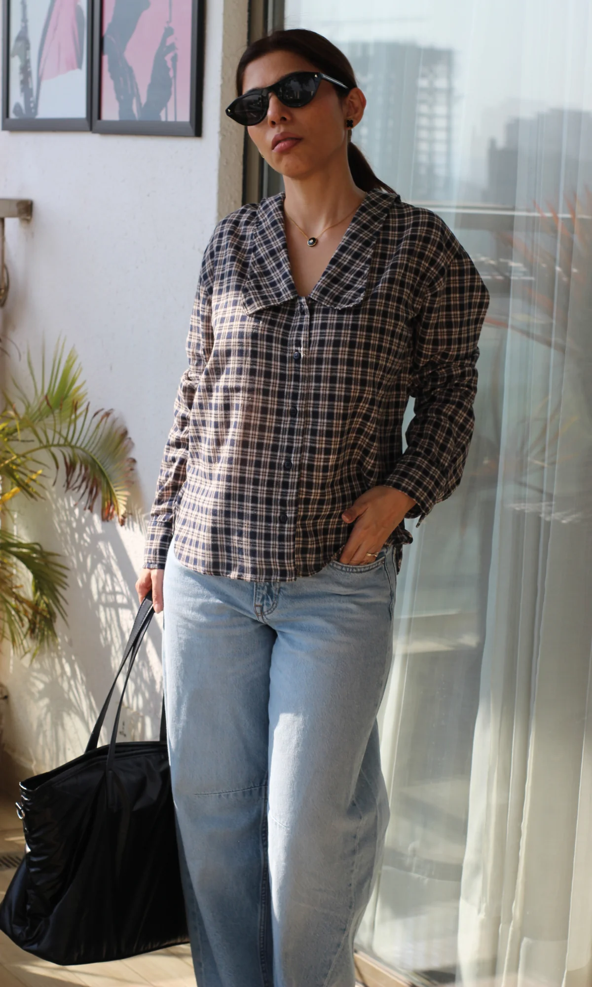 Navy Gingham-Check Peter Pan Collared Shirt - Image 4